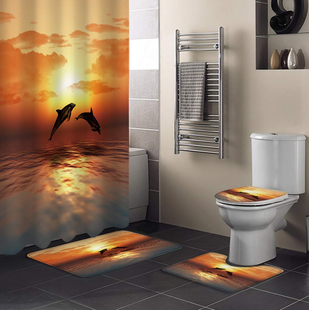Premium 4-Piece Bathroom Set - Waterproof Dolphin Sunset Shower Curtain (36