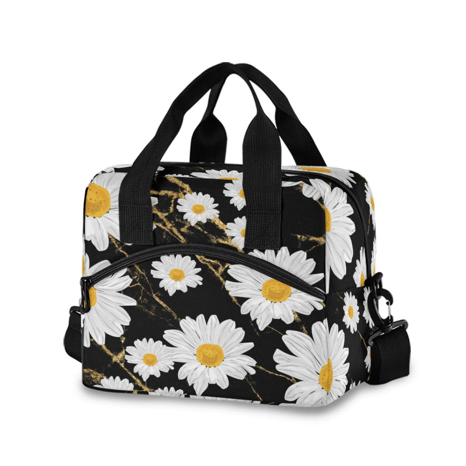 Premium Daisy Marble Insulated Lunch Bag - Reusable Soft Cooler Tote with Waterproof Lining & Adjustable Straps - Perfect for Work, School, Picnics & Outdoor Activities