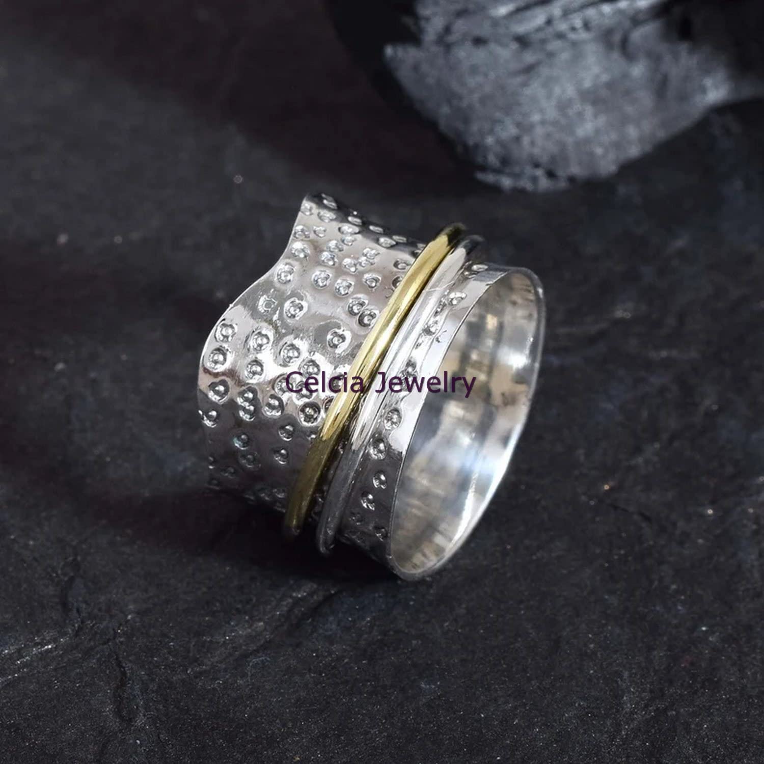 925 Sterling Silver Spinner Ring for Women - Handmade Anxiety Relief Ring, Boho Meditation Jewelry, Two-Tone Hammered Worry Ring (Size 7) - Perfect for Stress Relief, Mindfulness Practice & Fashion Accessories