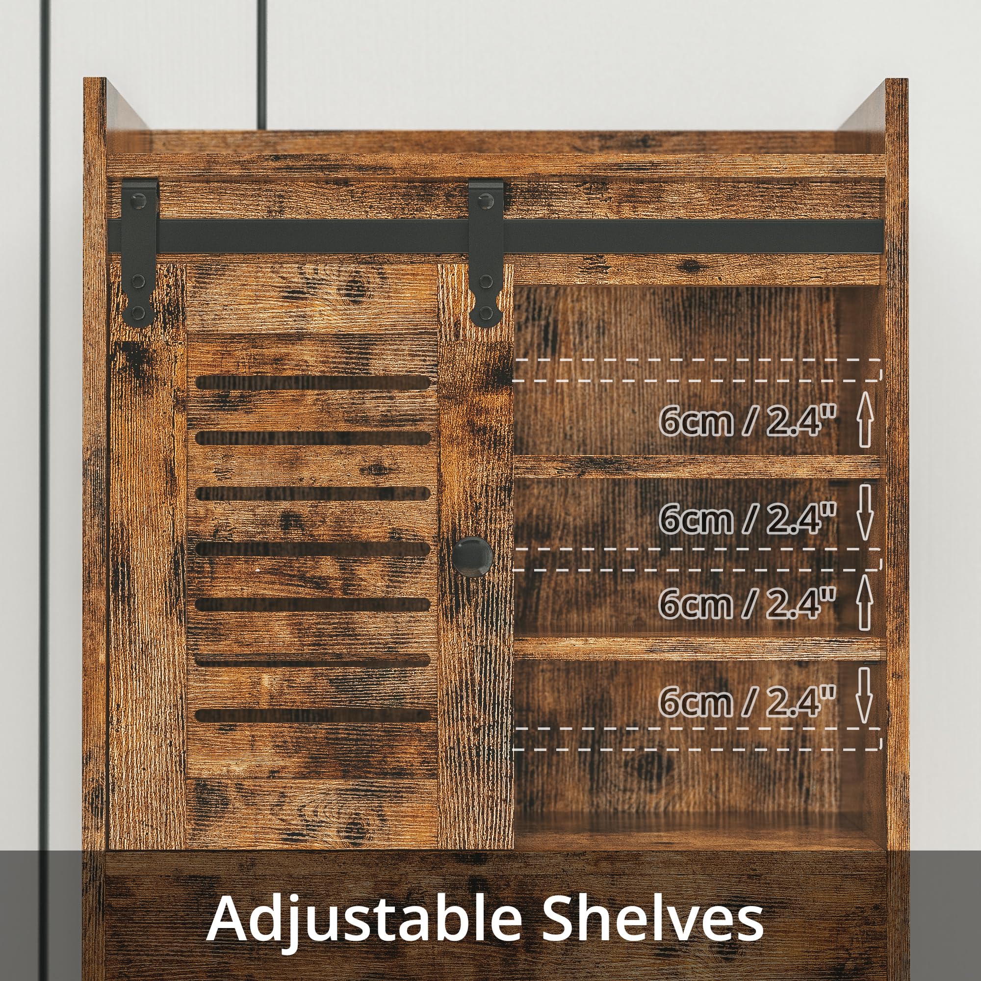 Vintage Brown Over The Toilet Storage Rack with Cabinet & 6-Tier Shelves - Adjustable Bathroom Organizer with Sliding Door, Paper Hook - Space Saving Solution for Small Bathrooms, Apartments & Dorm Rooms