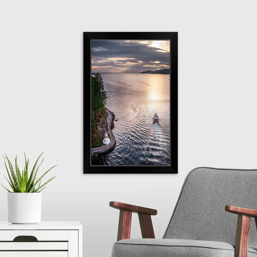 Boat in Burrard Inlet Cloudy Day Landscape Art Print - Black Framed Wall Decor for Living Room, Office & Bedroom