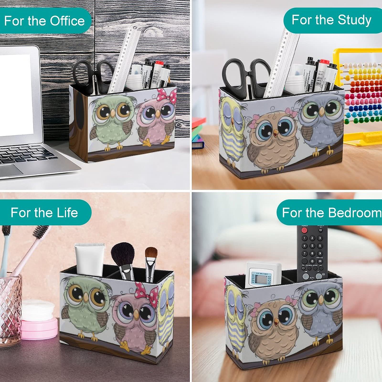 Stylish Leather Pen Holder with 5 Cute Owls on Branch - Desk Organizer for Pens, Brushes & Office Supplies | Perfect for Home, Office & School Workspace Organization