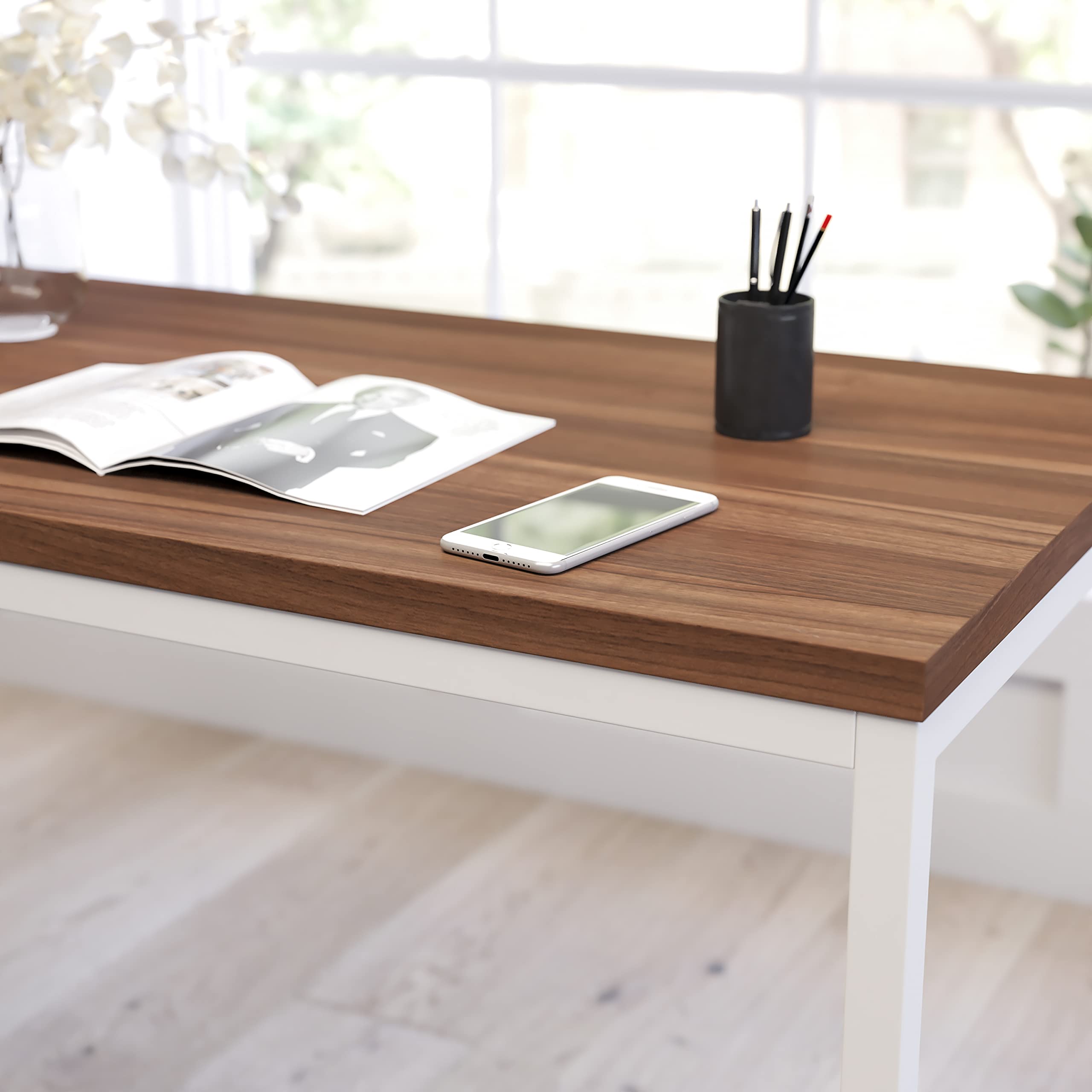 Merrick Lane Berlin 47 Inch Computer Desk - Walnut Wood Grain Finish & White Metal Frame - Home Office Desk for Small Spaces, Gaming & Study - Engineered Wood Workstation
