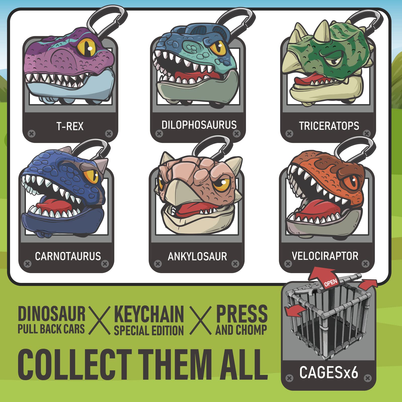 DINOBROS 6 Pack Dinosaur Pull Back Car Toys - Finger Biting Dino Chomper, Snap On Backpack Keychain Grabber Gadgets for Kids Ages 3-7 - Fun Jurassic Dinosaur Toys for Birthday Gifts, Party Favors & Classroom Rewards
