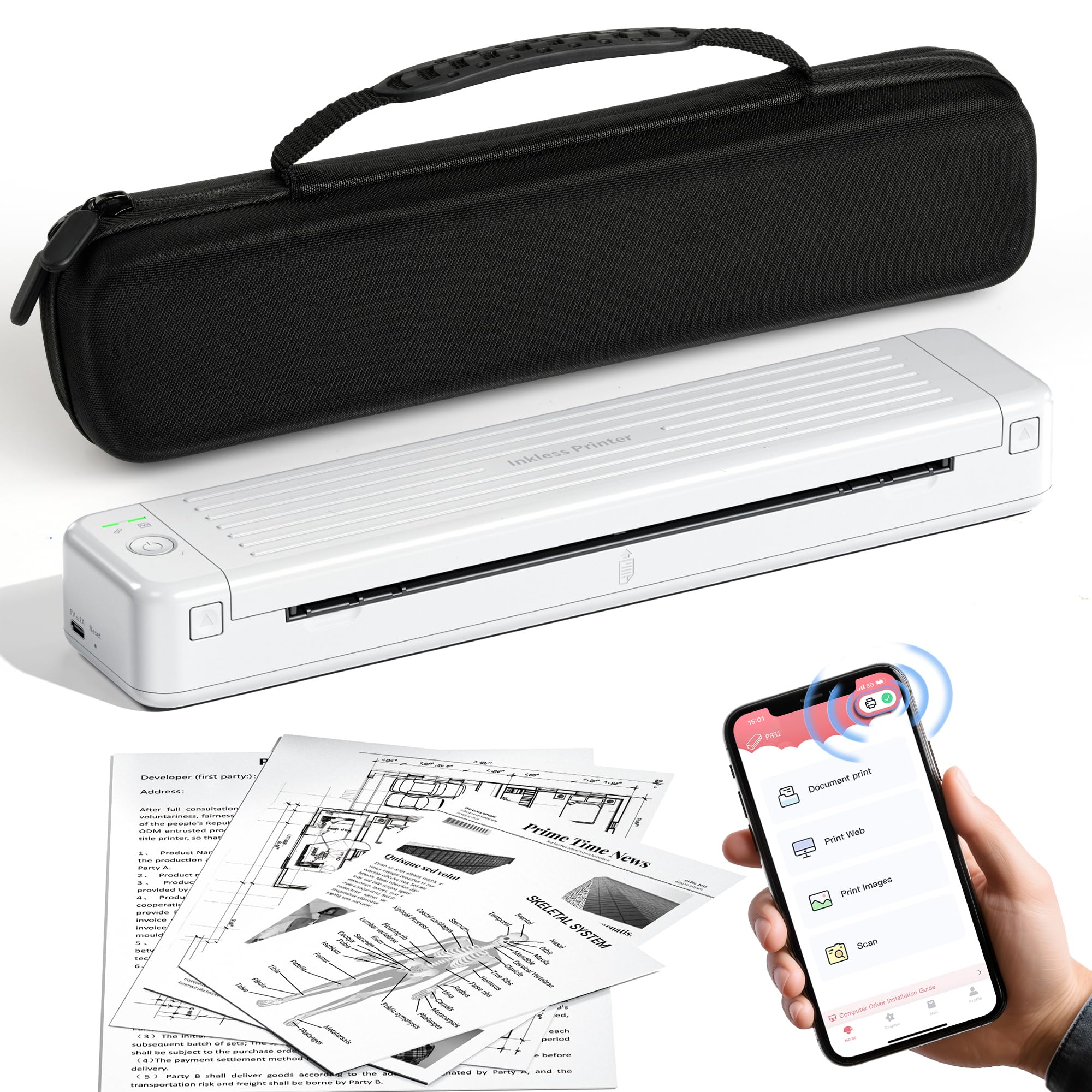 PhoFuta A4-300DPI Portable Bluetooth Printer | Mini Thermal Printer for Plain Paper | Wireless Mobile Printer Compatible with Android & iOS (White with Storage Box) | Perfect for Home Office, Travel & On-the-Go Printing Needs