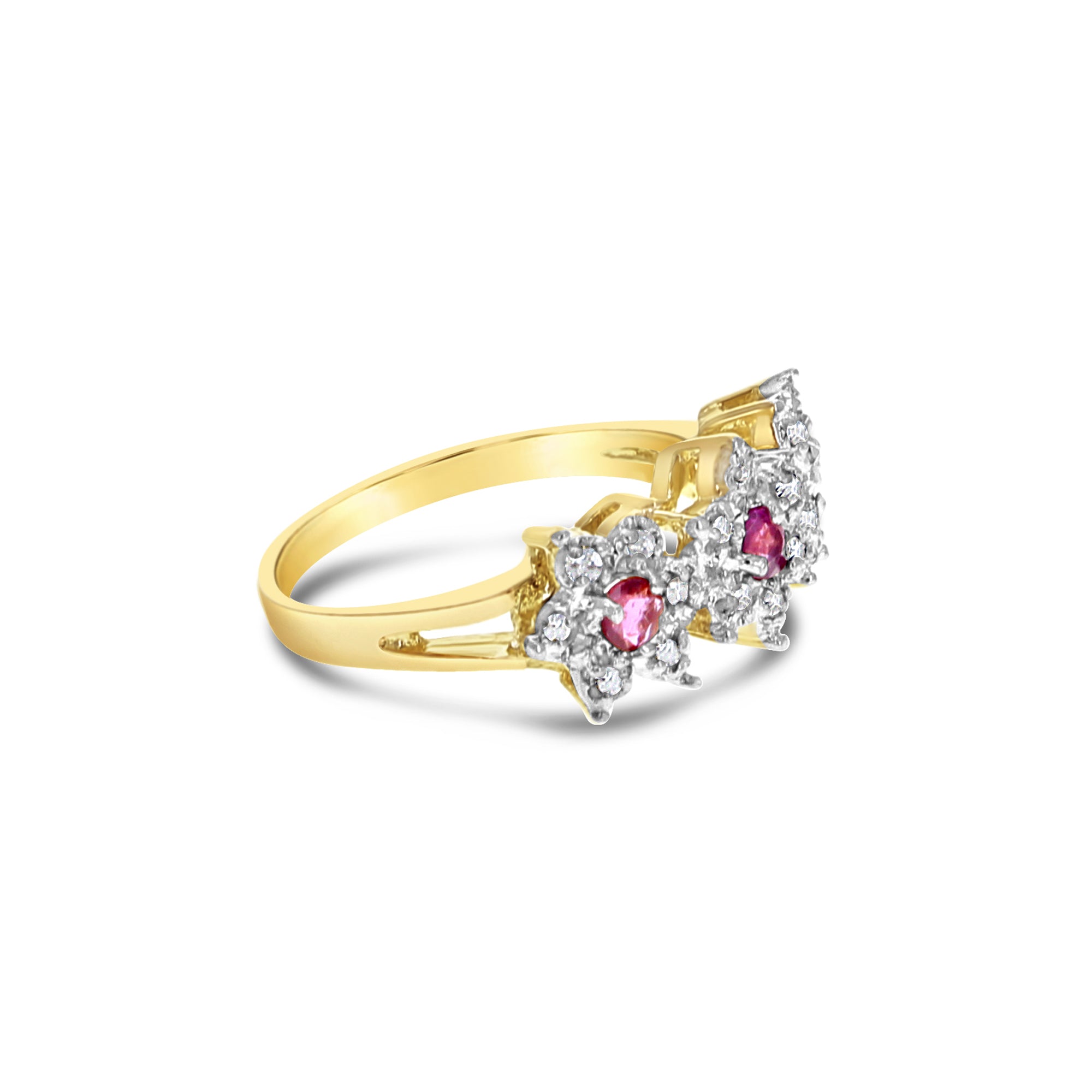 14K Yellow Gold Three Flower Shaped Diamond & Ruby Ring for Women - Elegant Jewelry Gift for Anniversary, Engagement, Wedding & Special Occasions