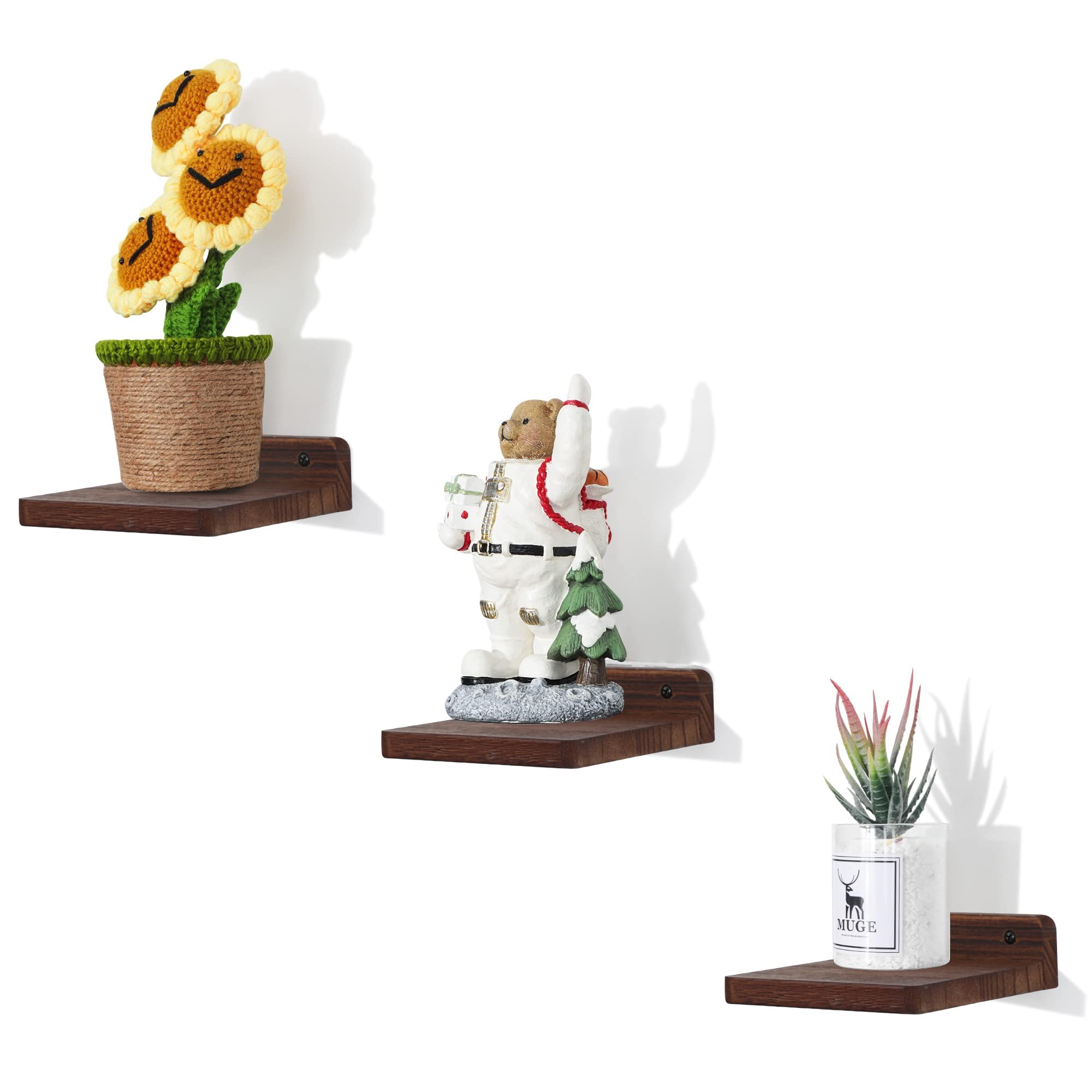 5x5 Inch Dark Walnut Floating Shelves - Set of 3 Small Wall Shelves for Bedroom, Living Room, Bathroom & Kitchen Decor | Space-Saving Storage for Books, Plants & Home Accessories