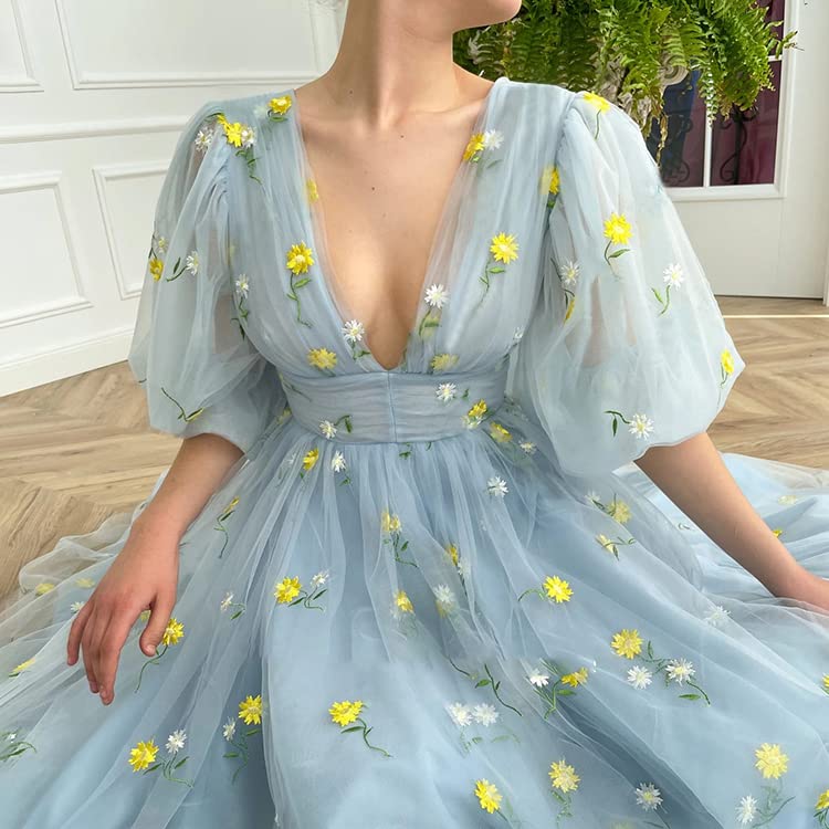 Smileven Women's Puffy Sleeve Prom Dress with Floral Embroidery - Elegant Tulle Formal Evening Gown for Homecoming, Wedding Guest & Special Occasions
