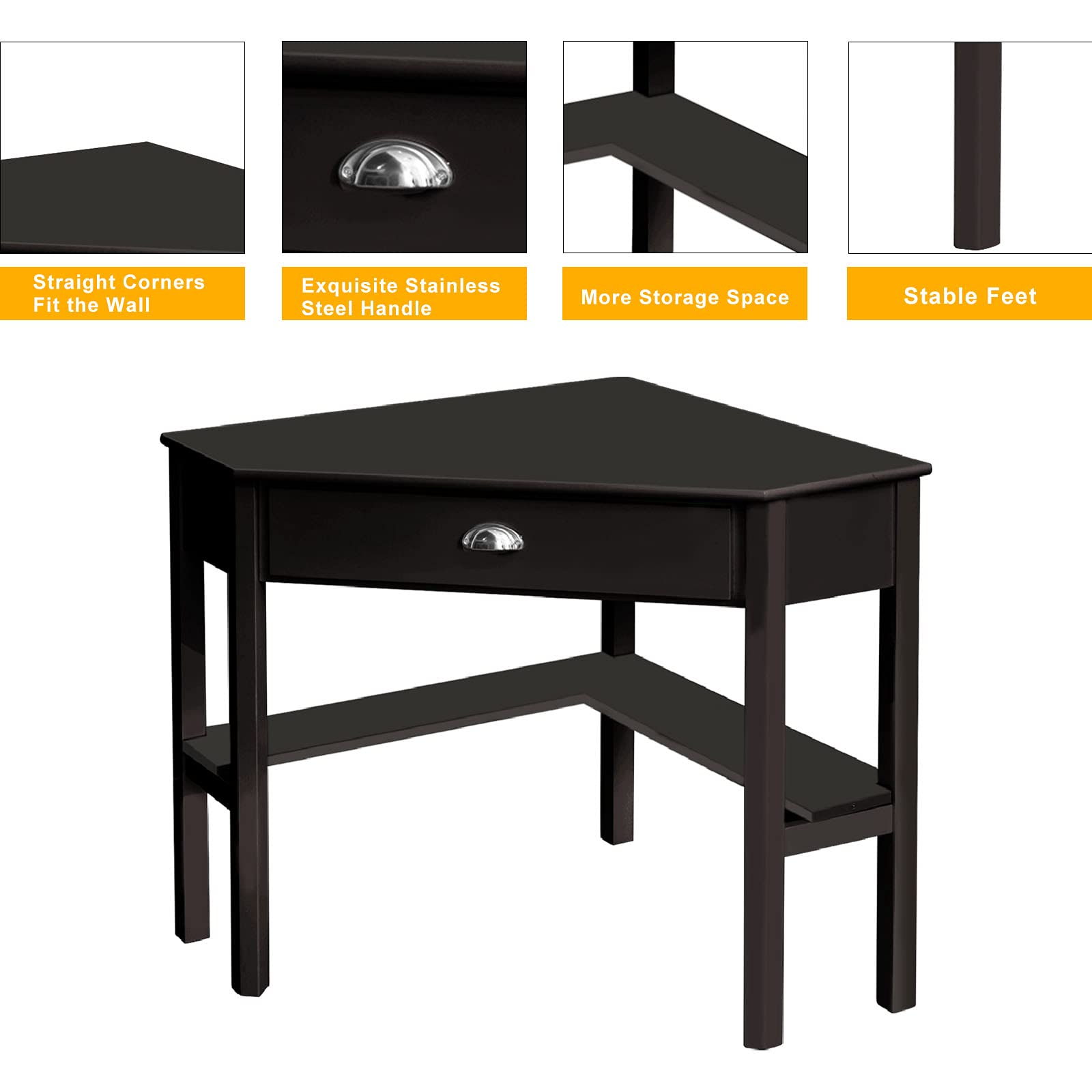 Corner Triangle Computer Desk with Drawer - Compact Home Office Writing Desk with Storage Shelves, Black Laptop PC Table for Small Spaces | Perfect for Home Office, Study & Workstation Setup