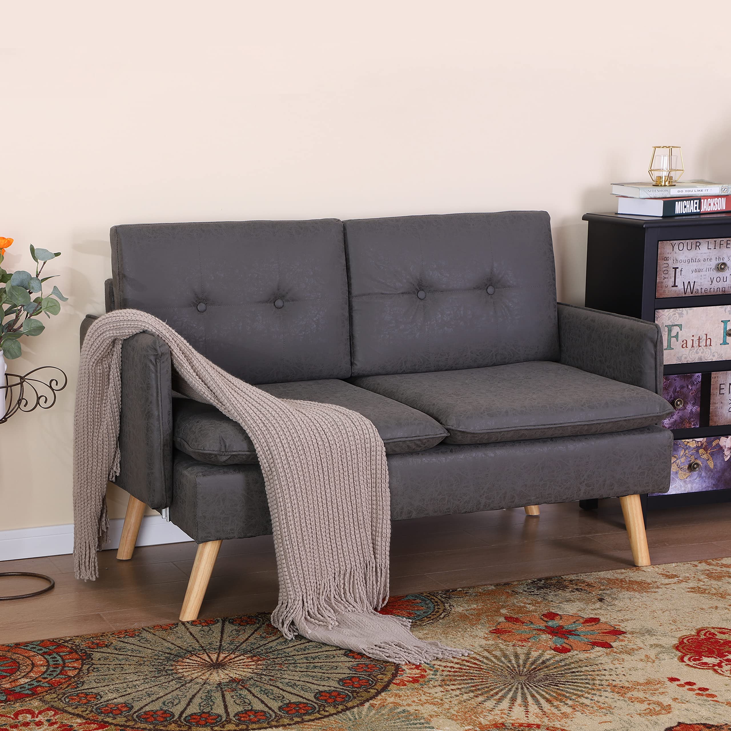 MAISON ARTS Small Modern Loveseat Couch - Mid Century Petite Fabric Sofa for Living Room, Bedroom & Apartment - Dark Grey - Perfect for Small Spaces, Studio Apartments & Cozy Reading Nooks