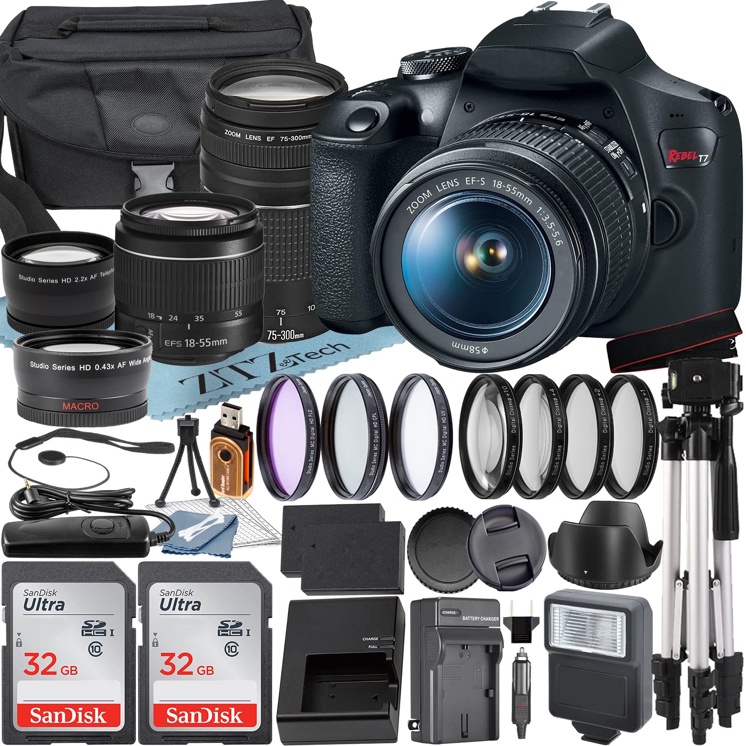 Canon EOS Rebel T7 DSLR Camera Bundle with 18-55mm & 75-300mm Lenses, ZeeTech Accessories, 2x SanDisk 32GB SD Cards, Case, Tripod & Flash - Perfect for Photography, Travel & Vlogging