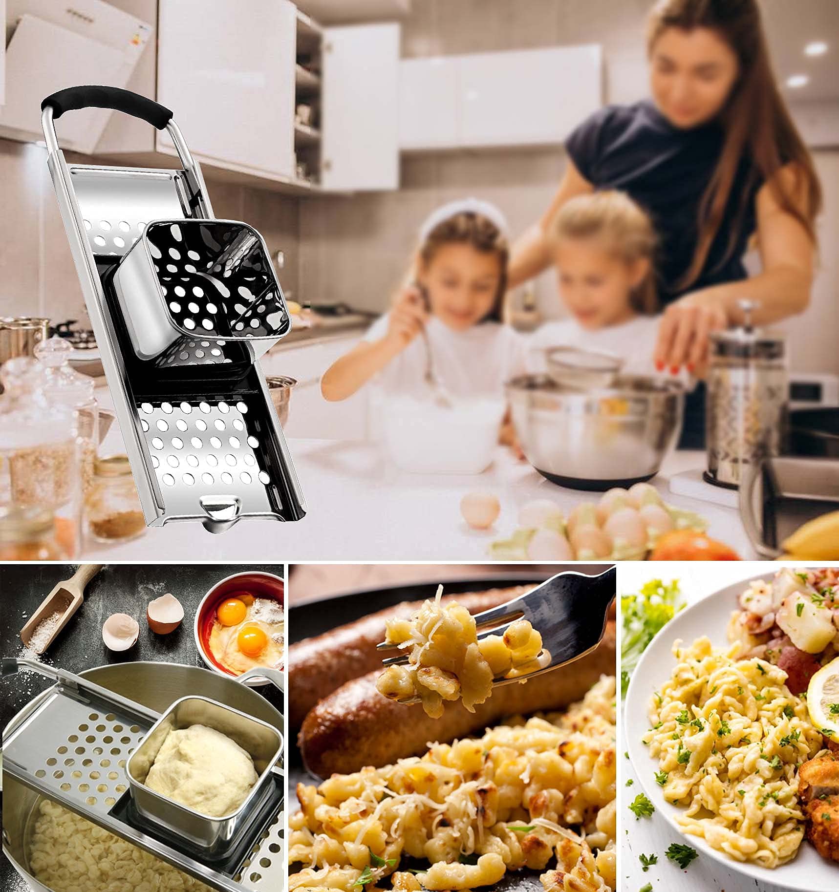 Premium Stainless Steel Spaetzle Maker - German Noodle & Dumpling Press with Safety Pusher & Ergonomic Rubber Handle - Perfect for Homemade Pasta, Spaetzle, Gnocchi & Asian Dumplings