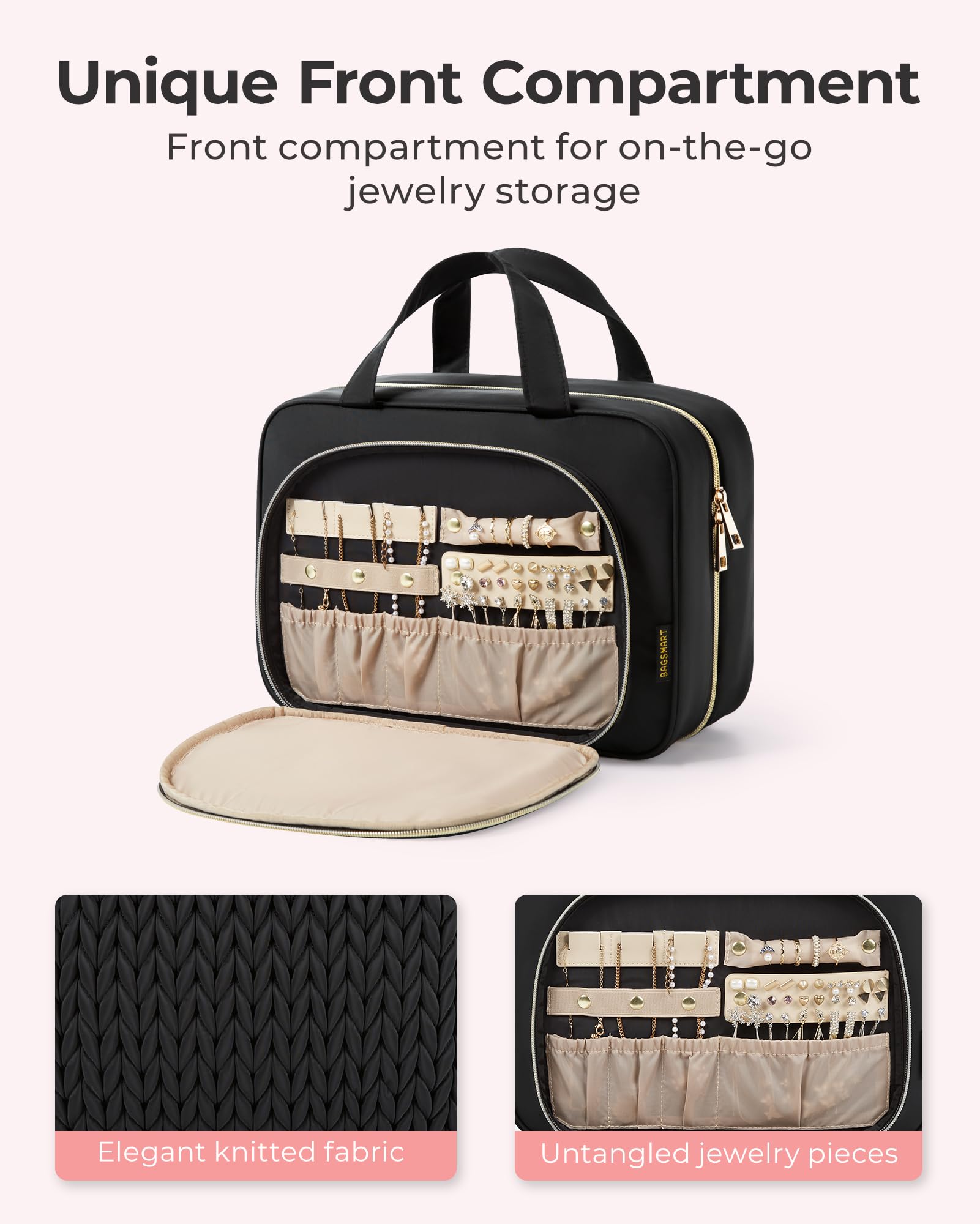 BAGSMART Hanging Travel Toiletry Bag with Jewelry Organizer - Waterproof Makeup Cosmetic Bag for Women & Men - Perfect Carry-on Toiletry Organizer for Airplane, Camping, Gym & Business Trips - Black