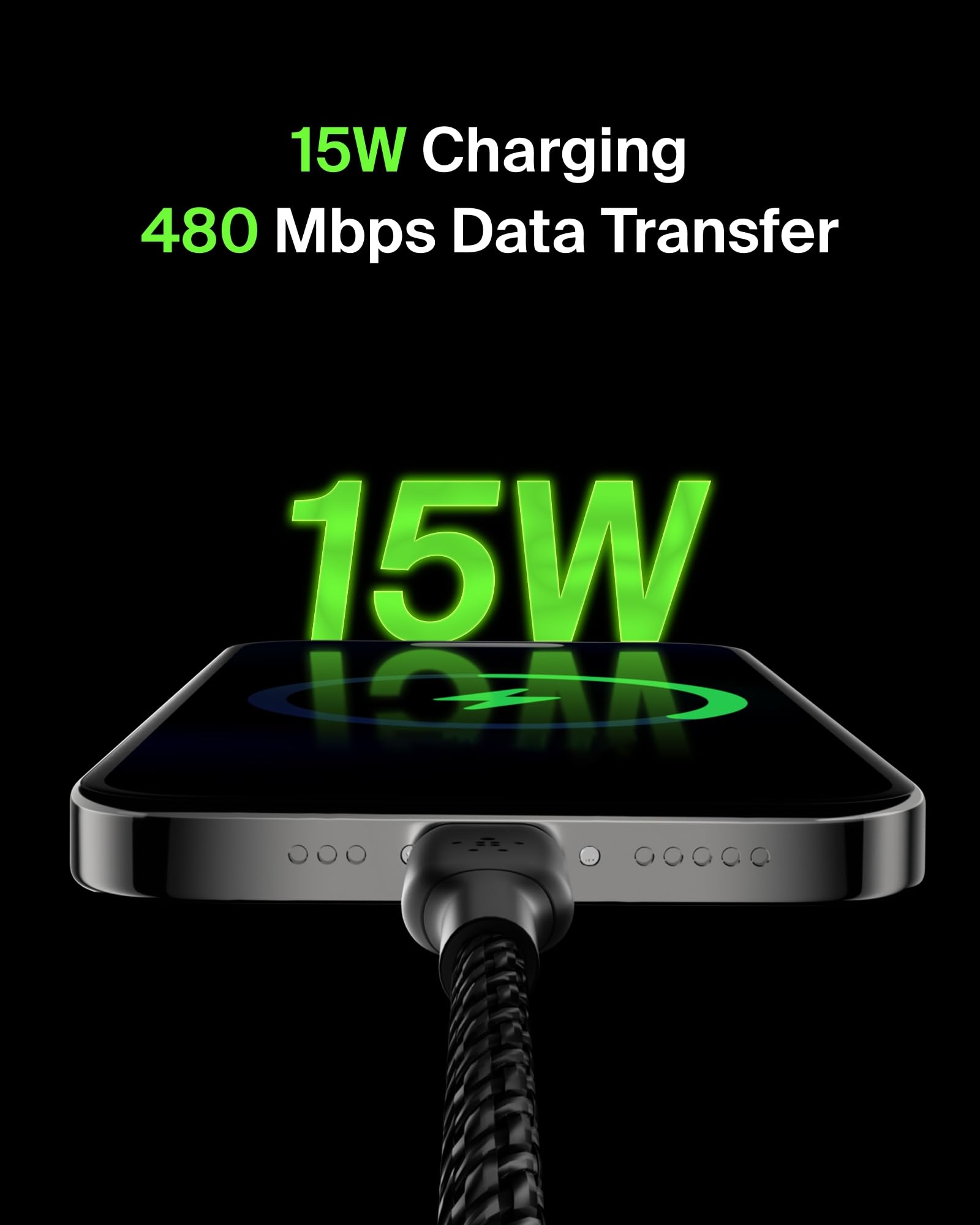 Belkin BoostCharge Braided USB-C to USB-A Fast Charging Cable (3m, Black) - Compatible with iPhone 16/15, Samsung Galaxy S24/S23, Google Pixel, iPad, MacBook, Nintendo Switch & More - Perfect for Home, Office & Travel Charging