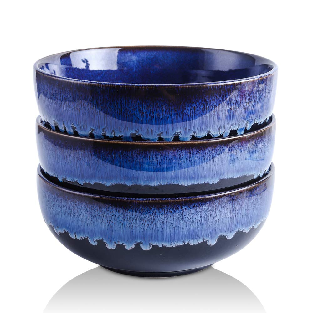 KOOV 58 oz Ceramic Salad Bowls Set of 3 - Stackable Large Soup Bowls with Reactive Glaze (Nebula Aegean) - Perfect for Family Dinners, Entertaining & Meal Prep