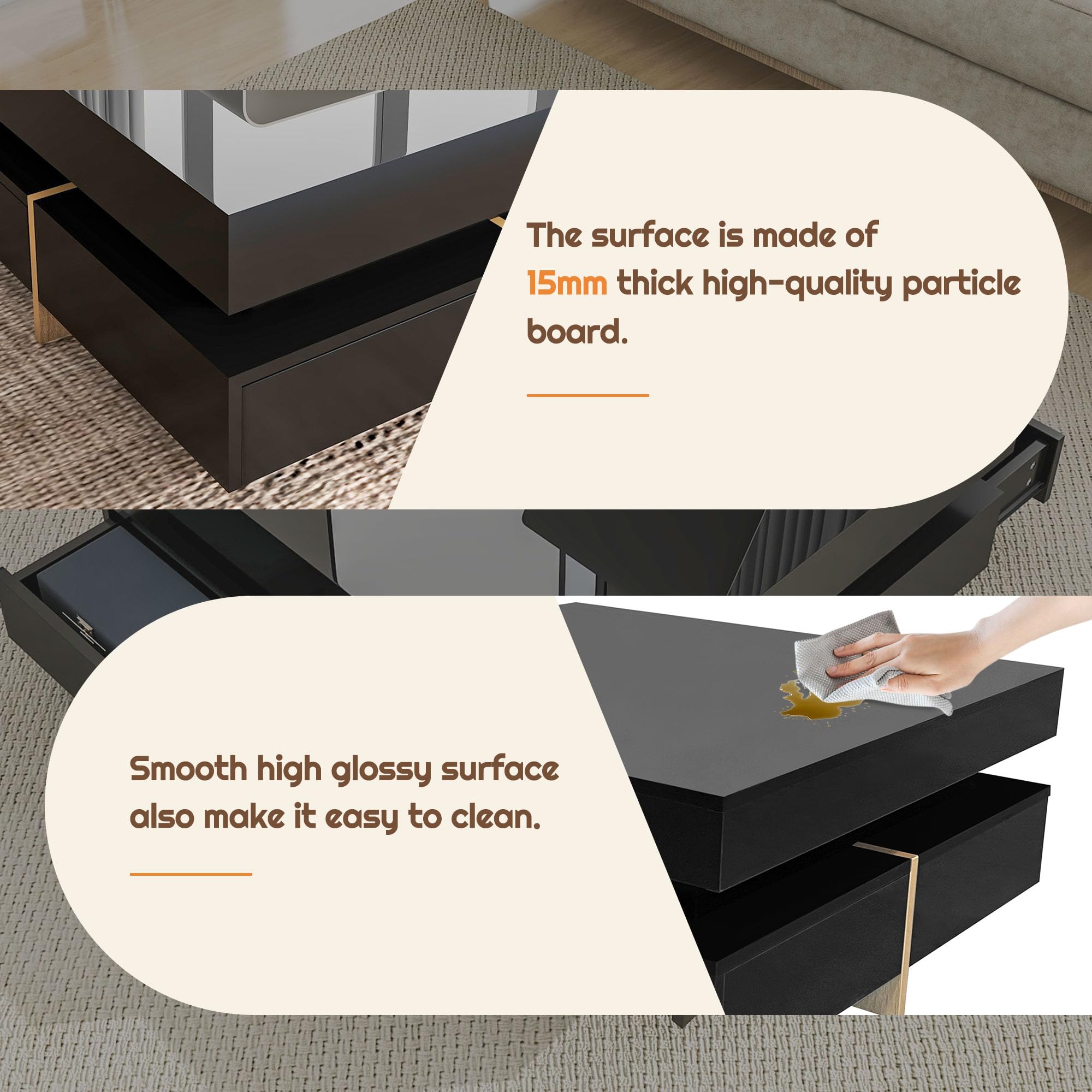 Modern High Gloss Coffee Table with 4 Drawers - Merax Multi-Storage Square Cocktail Table with Wood Grain Legs for Living Room, 31.5