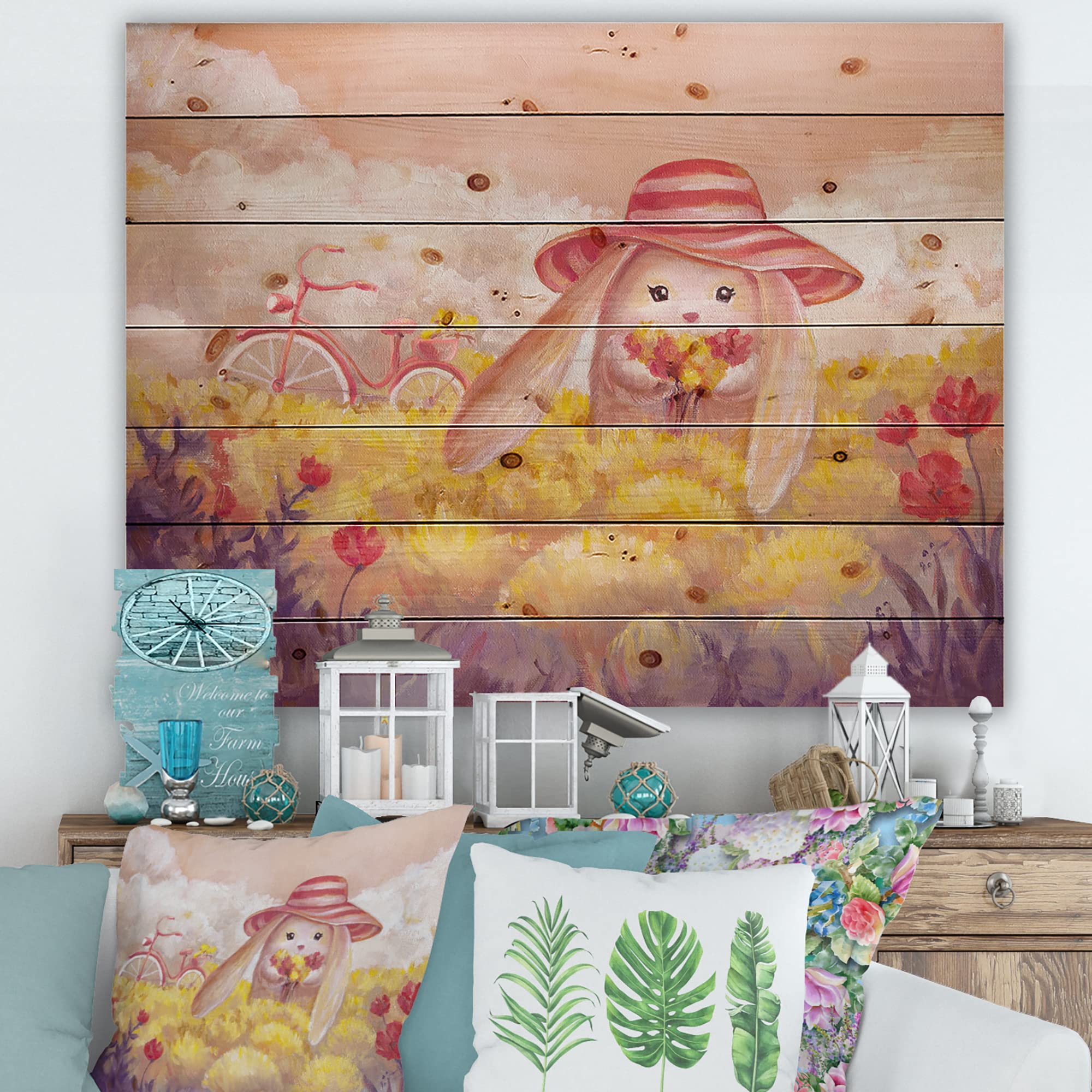 DesignQ Little Bunny With Flowers Traditional Wood Wall Decor - Yellow Wood Wall Art, Large Animal Wood Panel Print on Natural Pine - Perfect for Nursery, Living Room & Farmhouse Decor