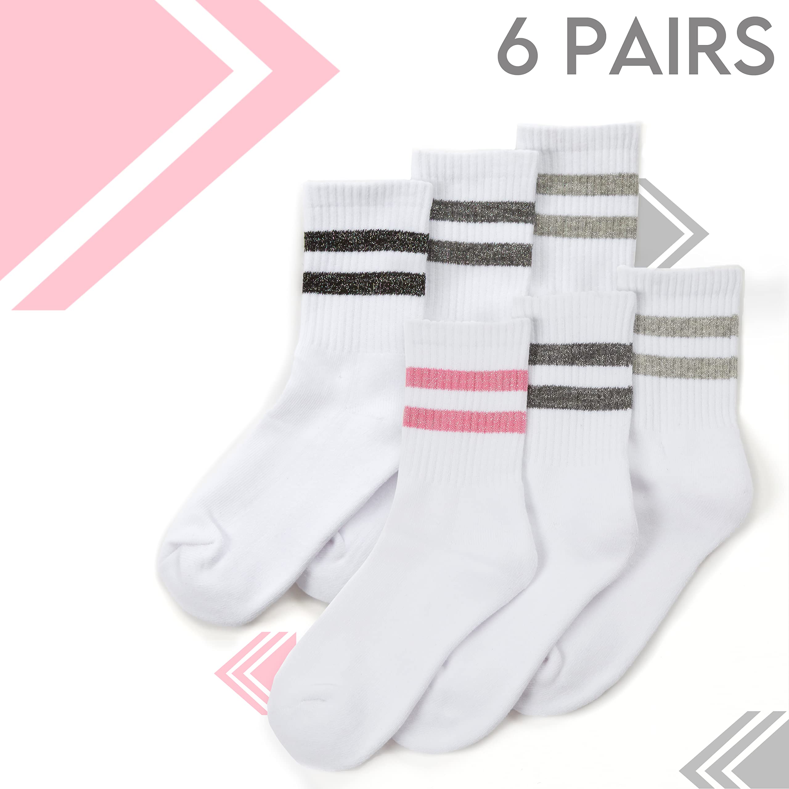 Metzuyan Women's Cotton Rich Ribbed Sport Socks - 3 or 6 Pairs Pack, White with Glitter Stripes, Mid Calf Crew Socks UK Size 4-8 - Perfect for Running, Yoga & Casual Wear