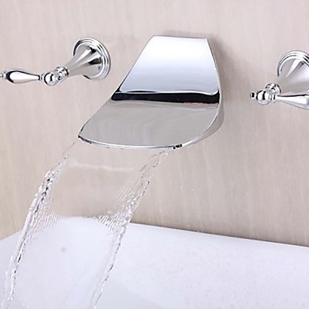ASXSY Modern Wall-Mounted Double Handle Waterfall Basin Mixer Tap - Chrome Finish Brass Bathroom Faucet with Hot & Cold Water Control - Perfect for Contemporary Bathrooms, Powder Rooms & Spa Retreats