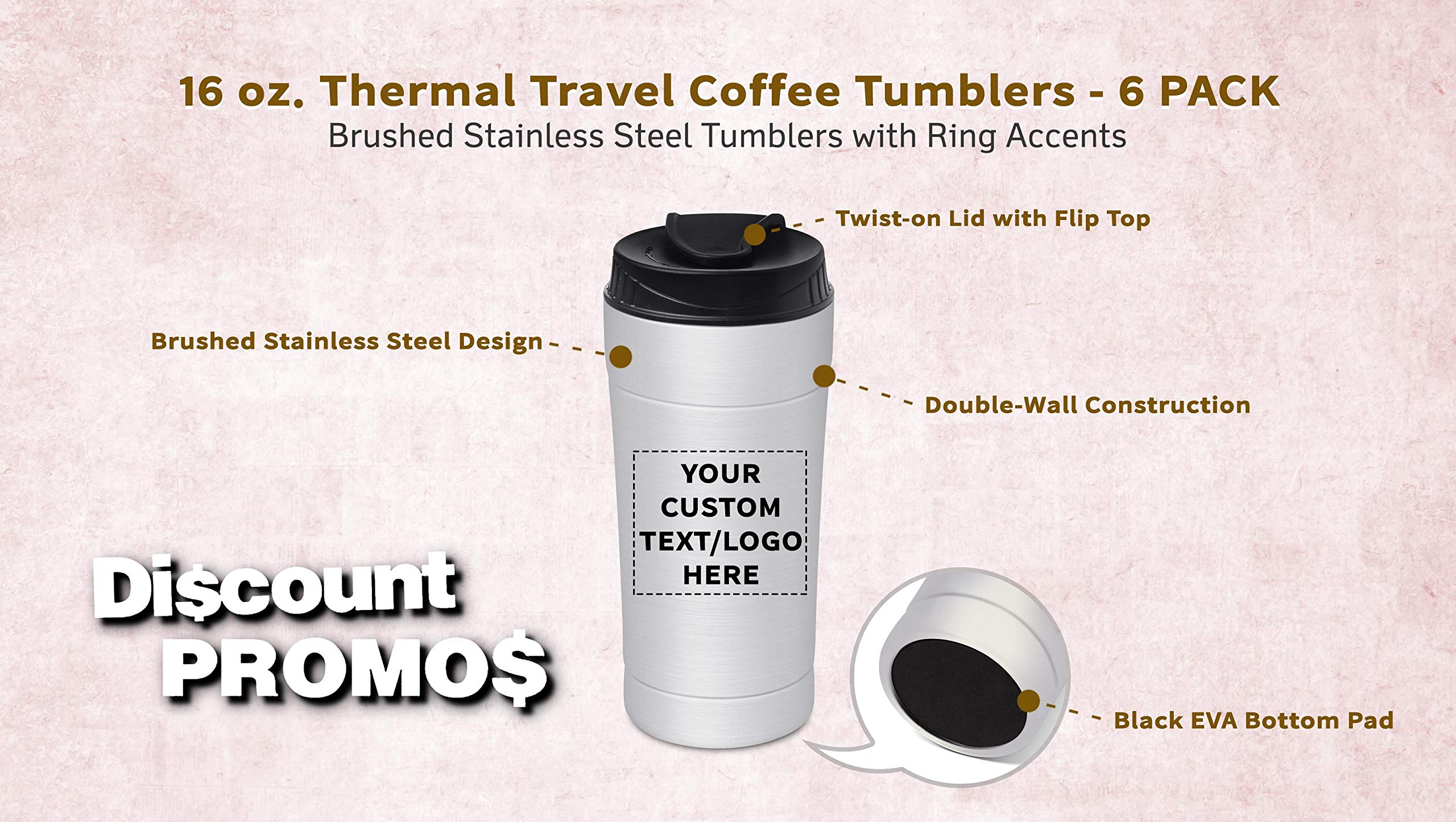 Custom 16 oz Insulated Travel Coffee Tumblers - 6 Pack with Personalized Text & Logo - Stainless Steel Silver - Perfect for Office, Gym & Outdoor Adventures