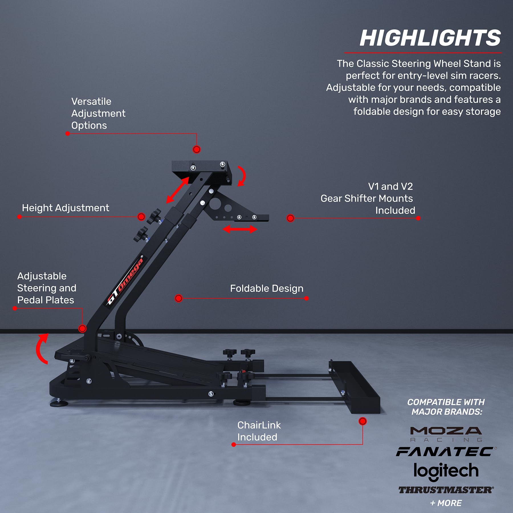 GT Omega Racing Wheel Stand for Logitech G923 G29 G920 & Thrustmaster T500 RS - Force Feedback Wheel Stand with TH8A Shifter Mount V1 - Compatible with Fanatec Clubsport, PS4, Xbox & PC - Perfect for Sim Racing & Gaming Setup