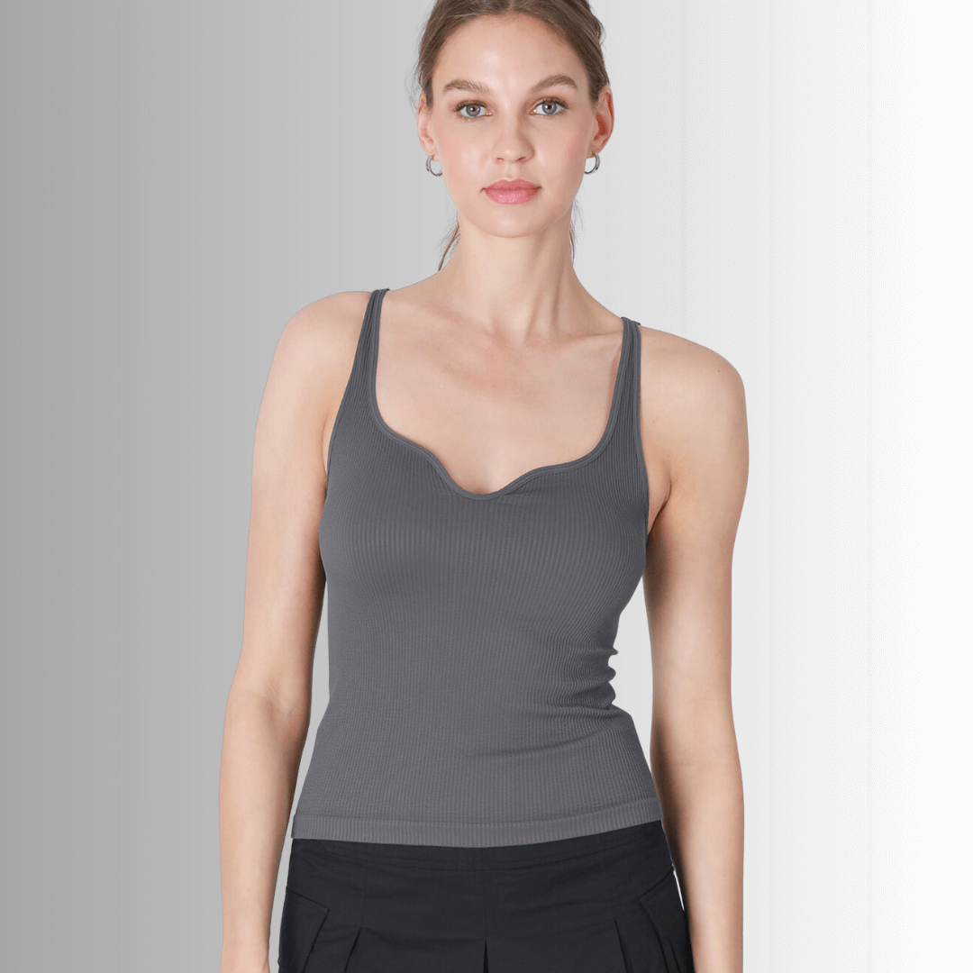 Nikibiki Sweetheart Ribbed Tank Top for Women - Soft Grey Ribbed Camisole | Perfect for Layering, Casual Wear & Summer Outfits