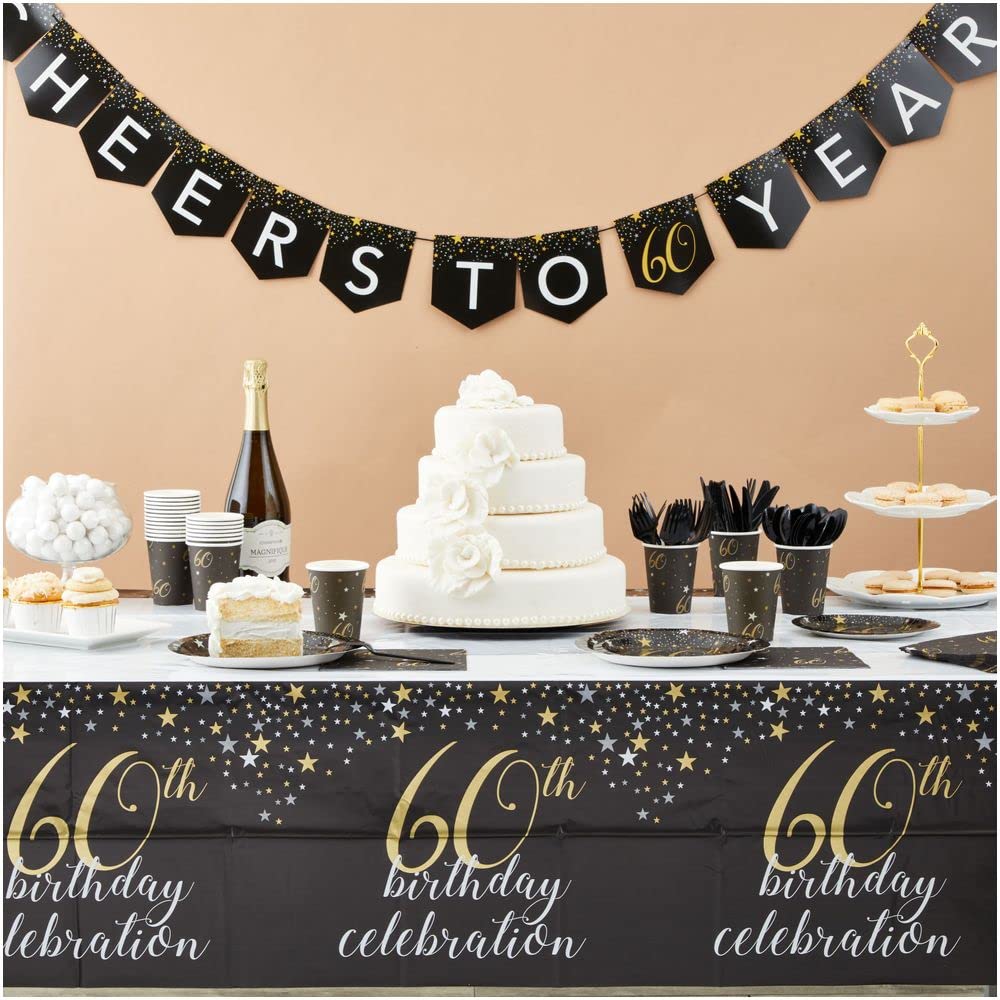170-Piece Black & Gold 60th Birthday Party Supplies Set for Men & Women - Includes 2-Size Paper Plates, Banner, Tablecloth, Napkins, Cups & Cutlery (Serves 24) - Perfect for Milestone Celebrations, Retirement Parties & Anniversary Events
