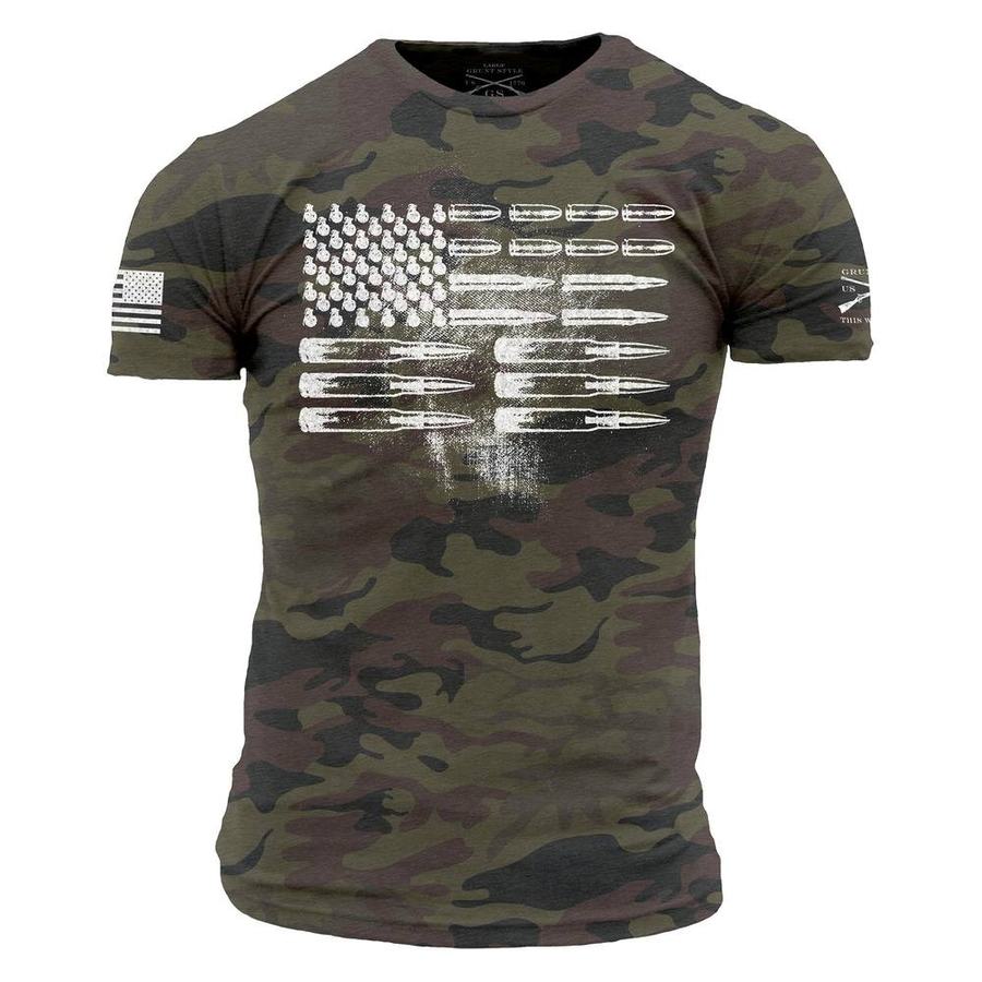 Men's Ammo Flag T-Shirt - Woodland Camo Military Style Tee for Outdoor, Hunting & Patriotic Events