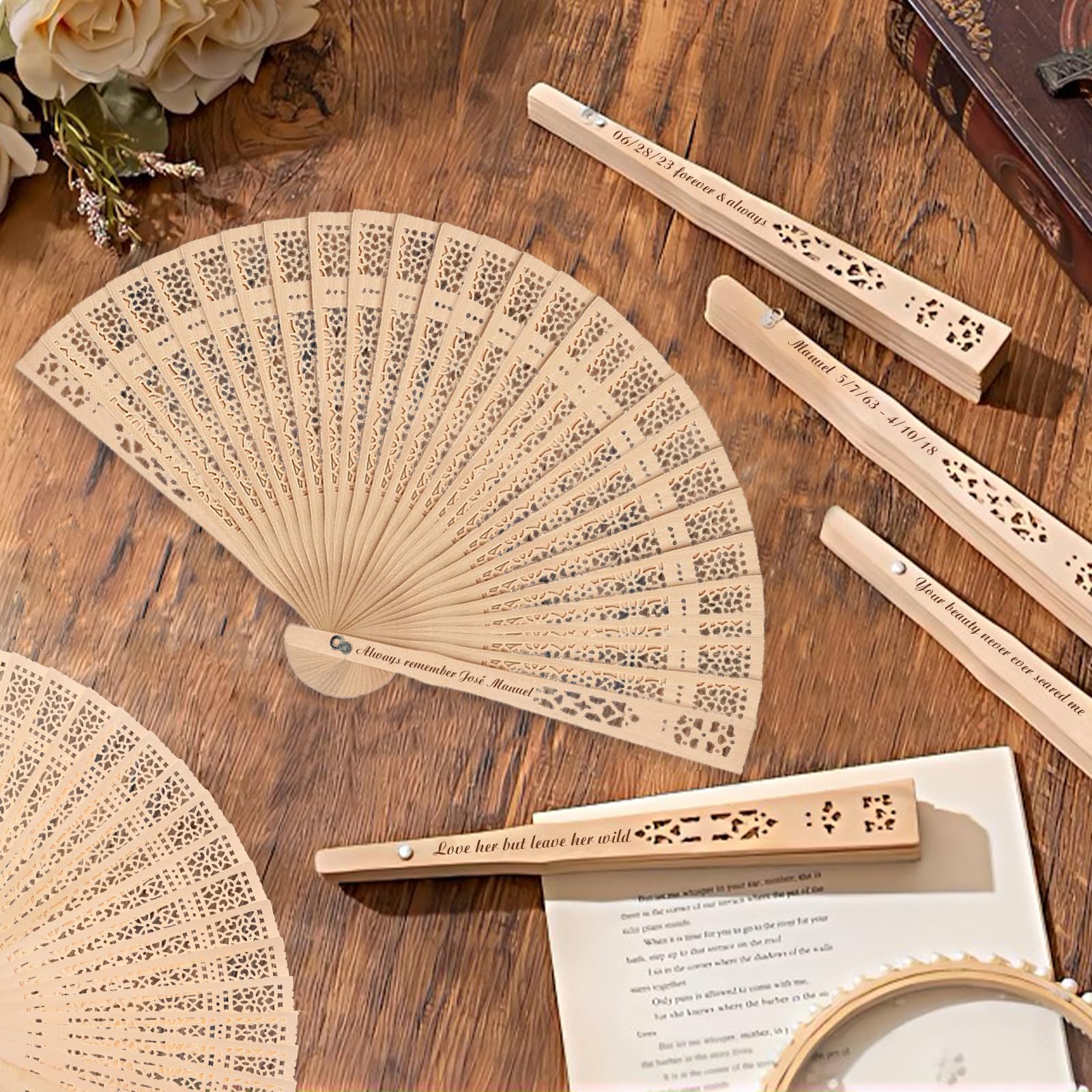 100Pcs Personalized Wooden Folding Hand Fans - Custom Engraved Summer Wedding Favors, Bridal Shower Gifts for Guests - Perfect for Outdoor Weddings, Beach Parties & Special Events (100PCS)