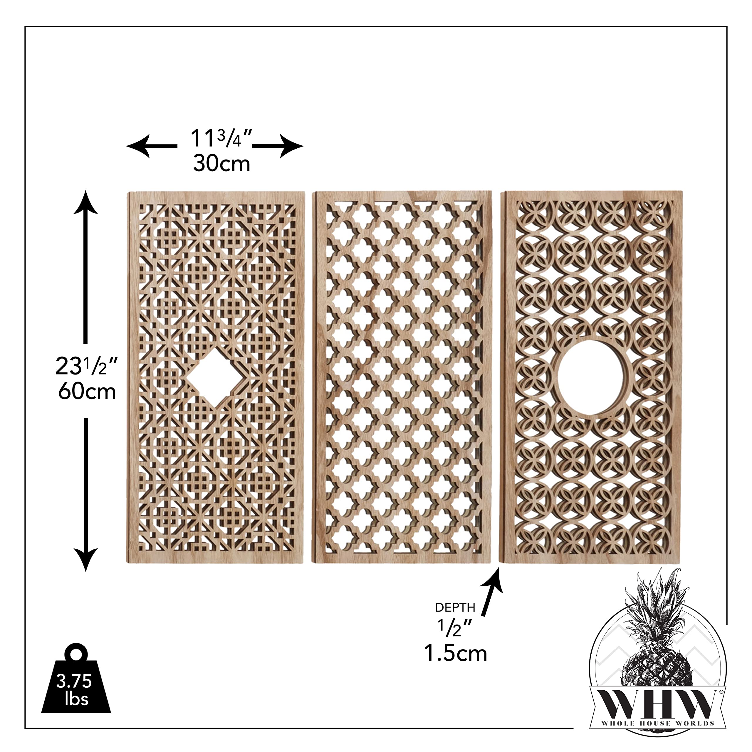 WHW Whole House Worlds Hamptons Lattice Framed Mirrors - Set of 3 Rectangle Wall Mirrors with Brilliant Reflective Glass, Rustic Wood Grain MDF Frame (23.5