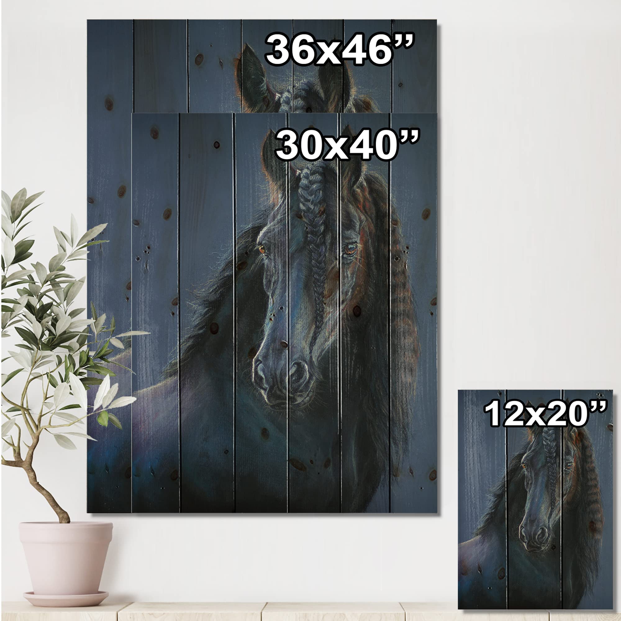 Frisian Horse Portrait Farmhouse Wood Wall Decor - Blue Wood Wall Art, Large Animal Wood Panels Printed on Natural Pine - Perfect for Living Room, Bedroom & Farmhouse Decor