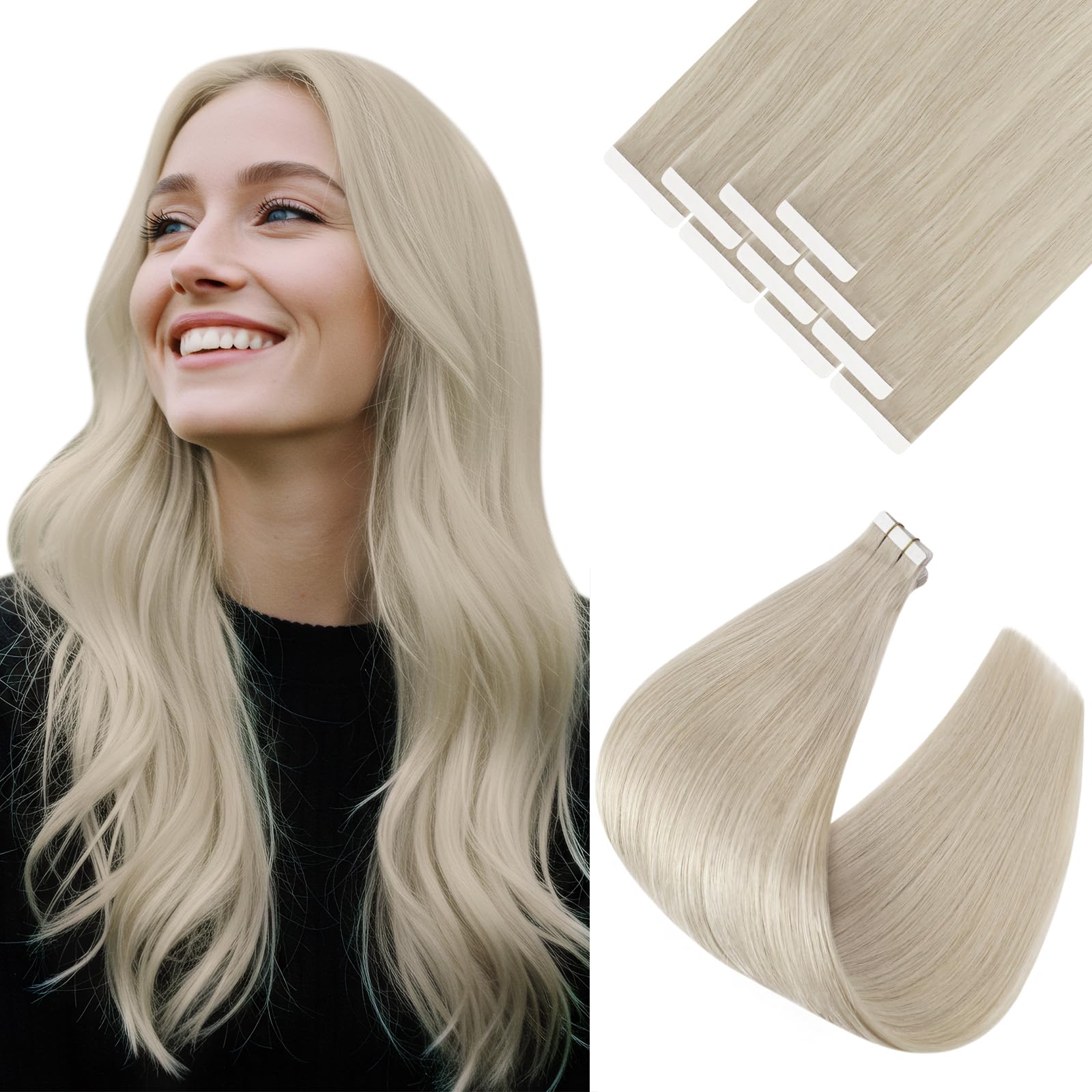 Ve Sunny 10pcs 22inch Platinum Blonde Tape in Hair Extensions - 100% Real Human Hair for Women (25g) | Perfect for Weddings, Parties & Daily Styling