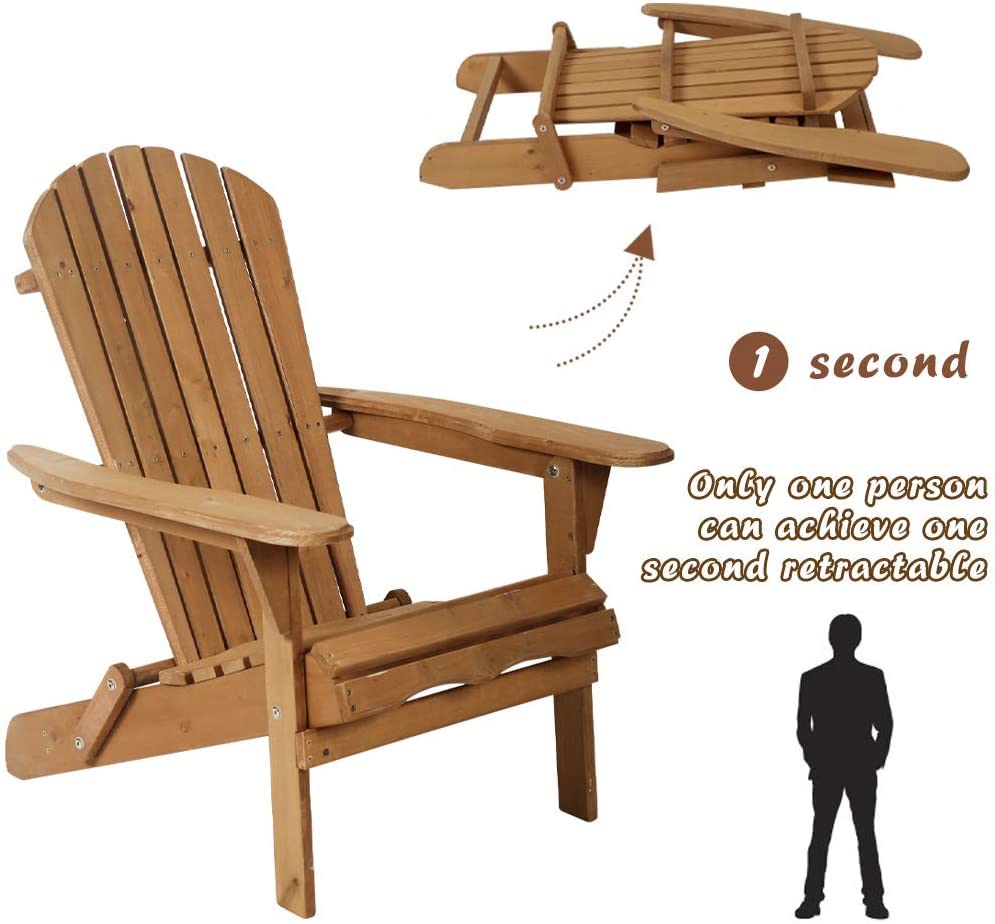 BSTOPHKL All-Weather Folding Wooden Adirondack Chair - Natural Patio Lounger for Outdoor Relaxation by Fire Pit, Garden, Lawn & Backyard - Durable Accent Furniture (1 Piece)