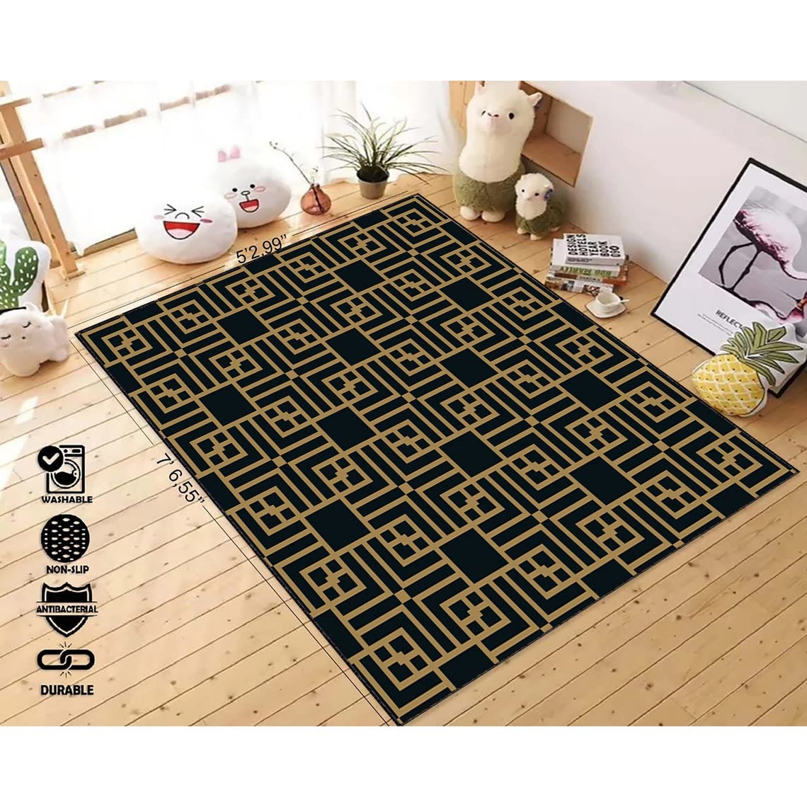Abstract Square Geometric Pattern Black and Gold Area Rug - Modern Geometric Decorative Carpet for Living Room, Office, Bedroom - 5.2x6.88 Feet (160x210 cm) - Perfect for Contemporary Home Decor & Workspace Flooring