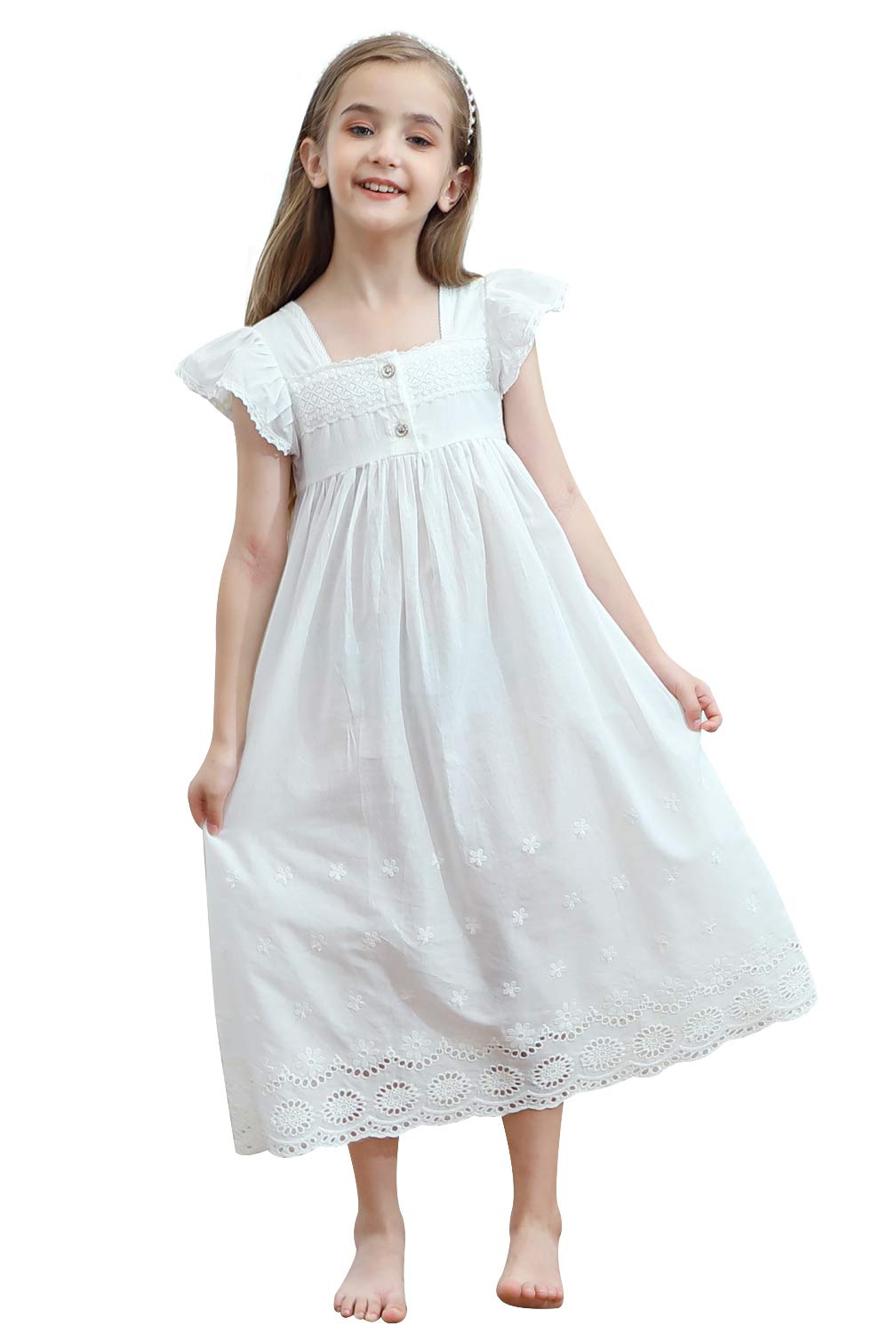 UQ Kids Girls Embroidered Lace Cotton Princess Nightgown Sleepwear Dress for Toddlers 3-12 Years - Soft & Comfortable Pajama Dress for Bedtime, Sleepovers & Special Occasions