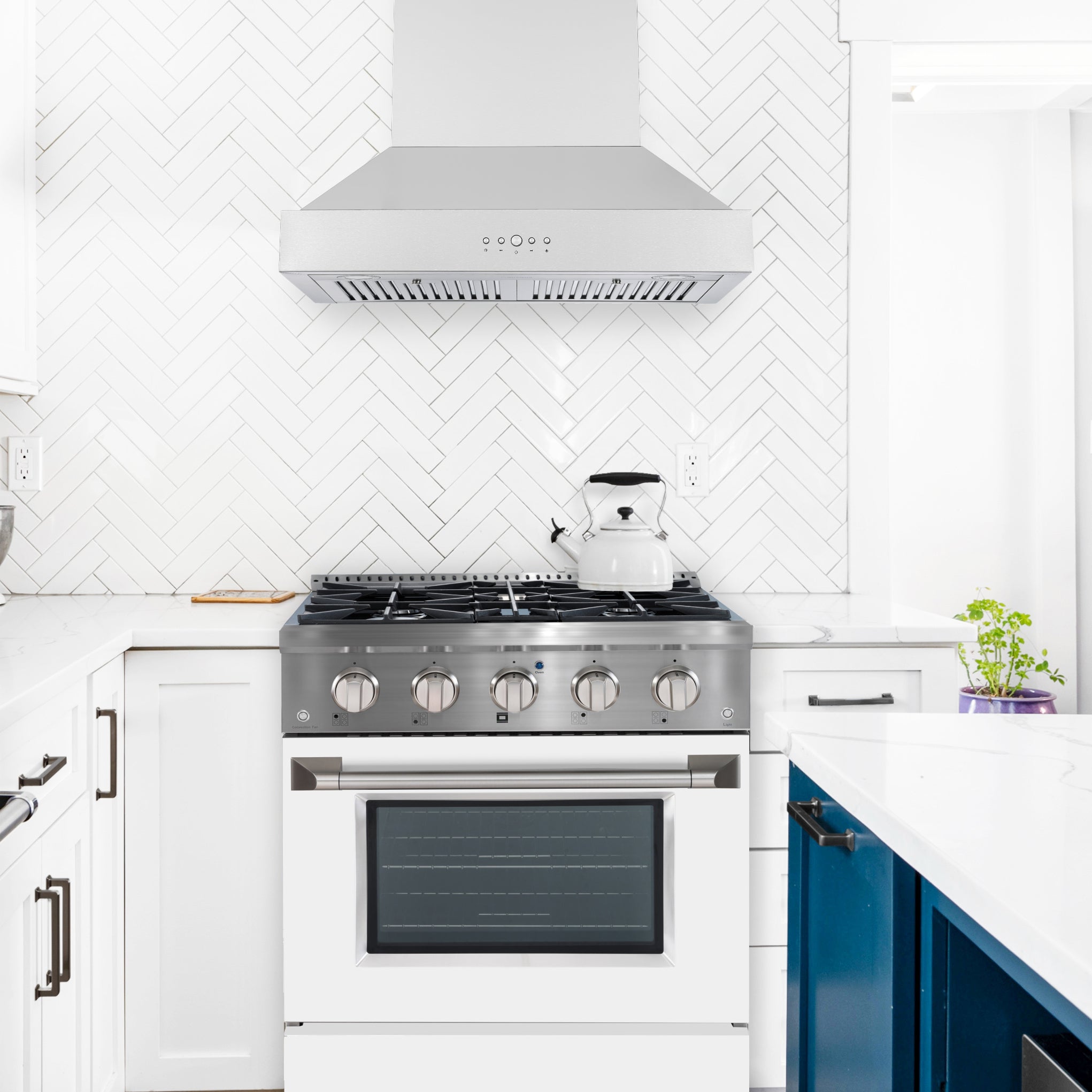 Ancona 2-Piece Kitchen Appliance Set: 30-Inch Dual Fuel Range with White Door & 600 CFM Wall-Mounted Range Hood – Perfect for Modern Home Cooking & Ventilation