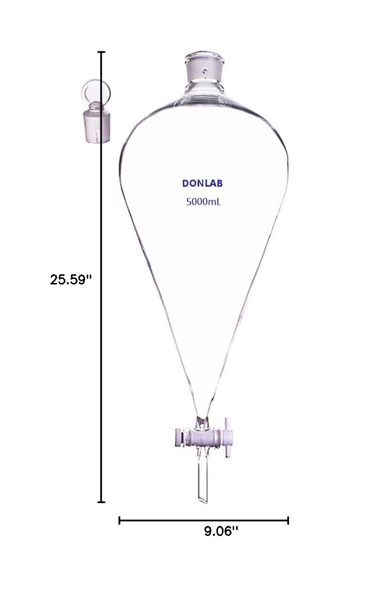 5000ml Glass Conical Separatory Funnel with PTFE Stopcock - Lab Equipment for Essential Oil Extraction, Chemistry Experiments & Liquid Separation (Ideal for Home Labs, Schools & Professional Use)