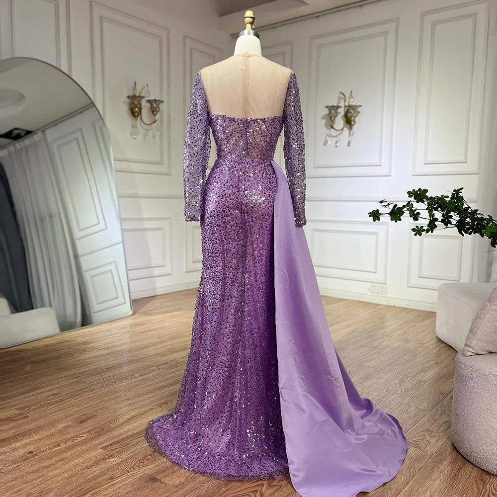 Elegant Purple Mermaid Evening Dress with Overskirt & Pearl Beading - Luxury Women's Formal Gown for Weddings, Prom, Black Tie Events & Special Occasions