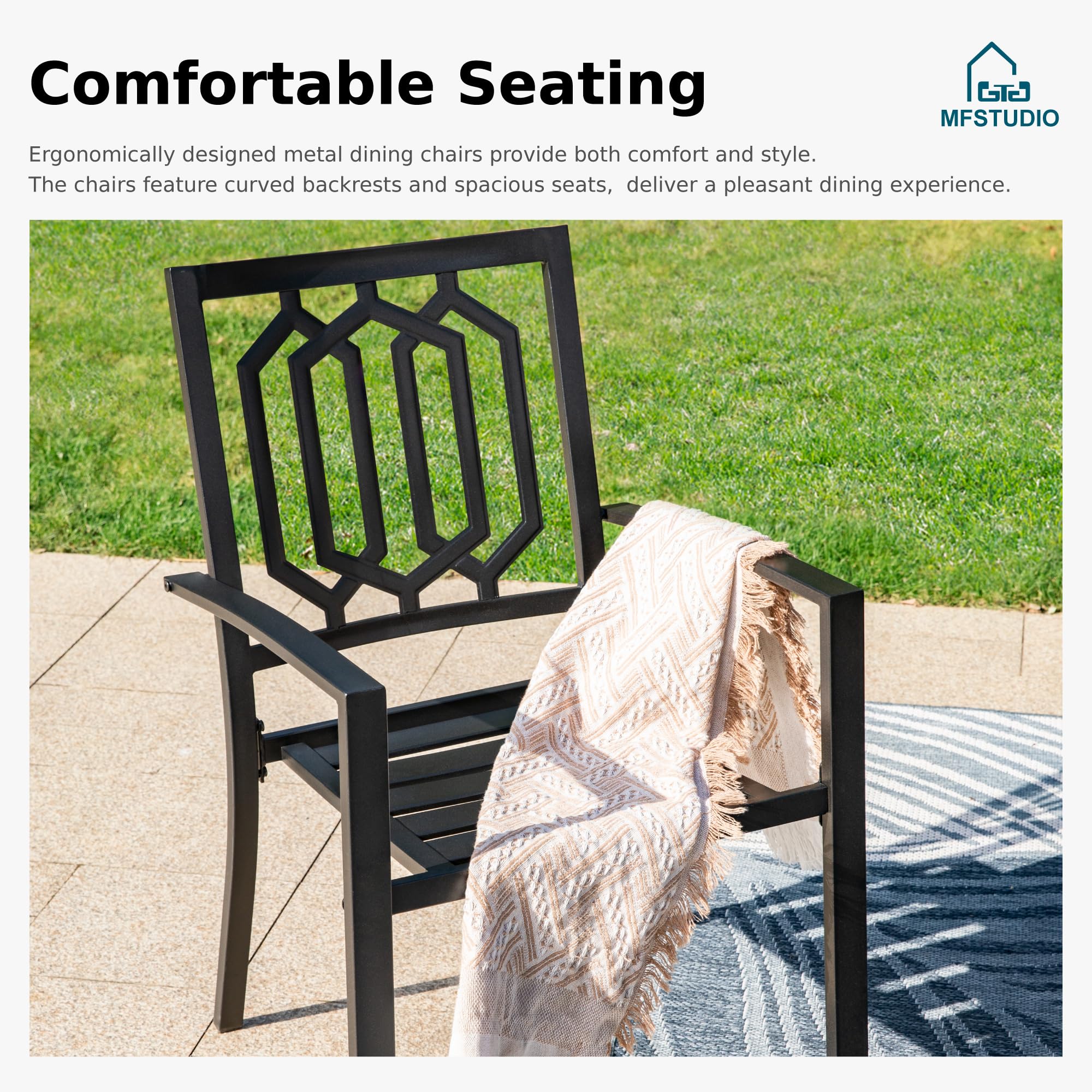 MFSTUDIO 4-Piece Outdoor Patio Dining Set with 10ft Umbrella - Navy Blue Stackable Chairs & Wood-Like Square Table - Perfect for Backyard, Garden, Poolside or Deck Dining (Umbrella Base Sold Separately)