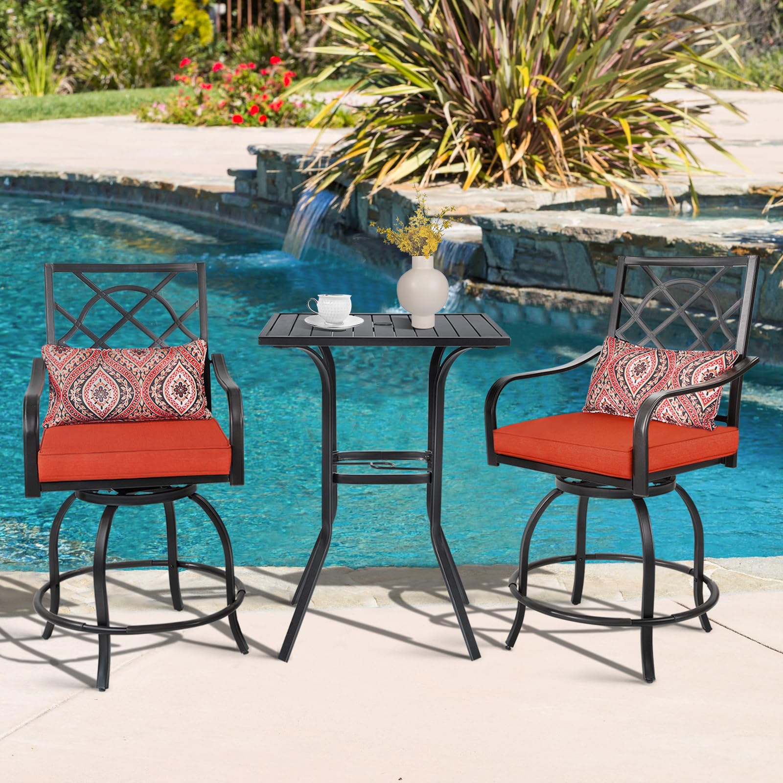 Black Metal Frame Outdoor Bar Table with Umbrella Hole - Patio Bistro Height Dining Table for Backyard, Deck & Poolside Gatherings