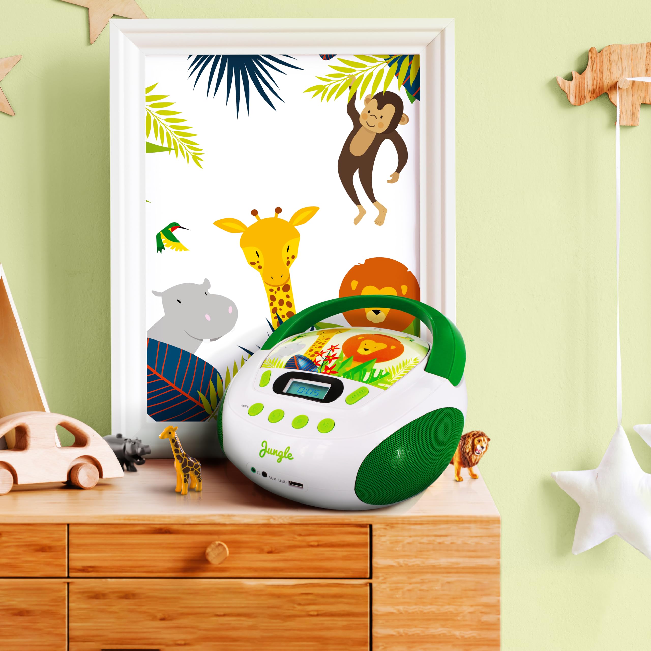 MOOOV Jungle Kids CD Player with USB & AUX-in Port - Green & White (Model 477144) - Perfect for Bedroom, Playroom & Travel Entertainment