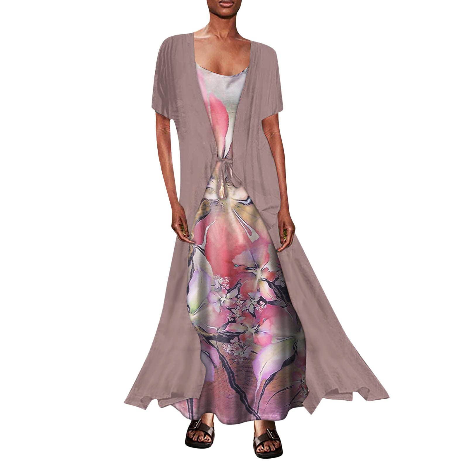 Women's Summer Maxi Dresses 2022 - Sleeveless Floral Print Sundress with Short Sleeve Cardigan | Perfect for Beach Vacations, Date Nights & Summer Parties