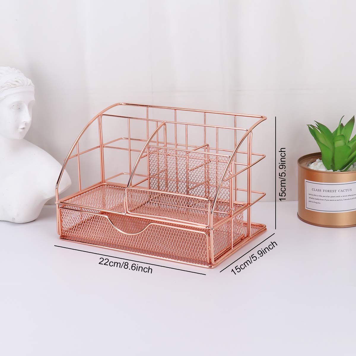 Premium Rose Gold Metal Desk Organizer - All-in-One Office Supplies with Drawer, Pen Holder, Sticky Note & Mail Sorter - Perfect for Home Office, Workspace & School Organization