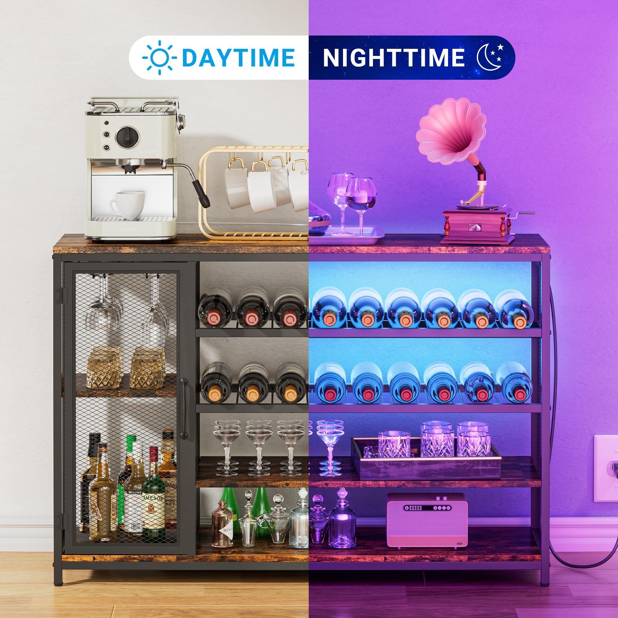Dimmable LED Bar Cabinet with Charging Station - Rustic Brown Wine Liquor Cabinet with Shelving & Glass Holders for Living Room, Dining Room | Perfect for Home Entertaining, Parties & Relaxing Nightcaps