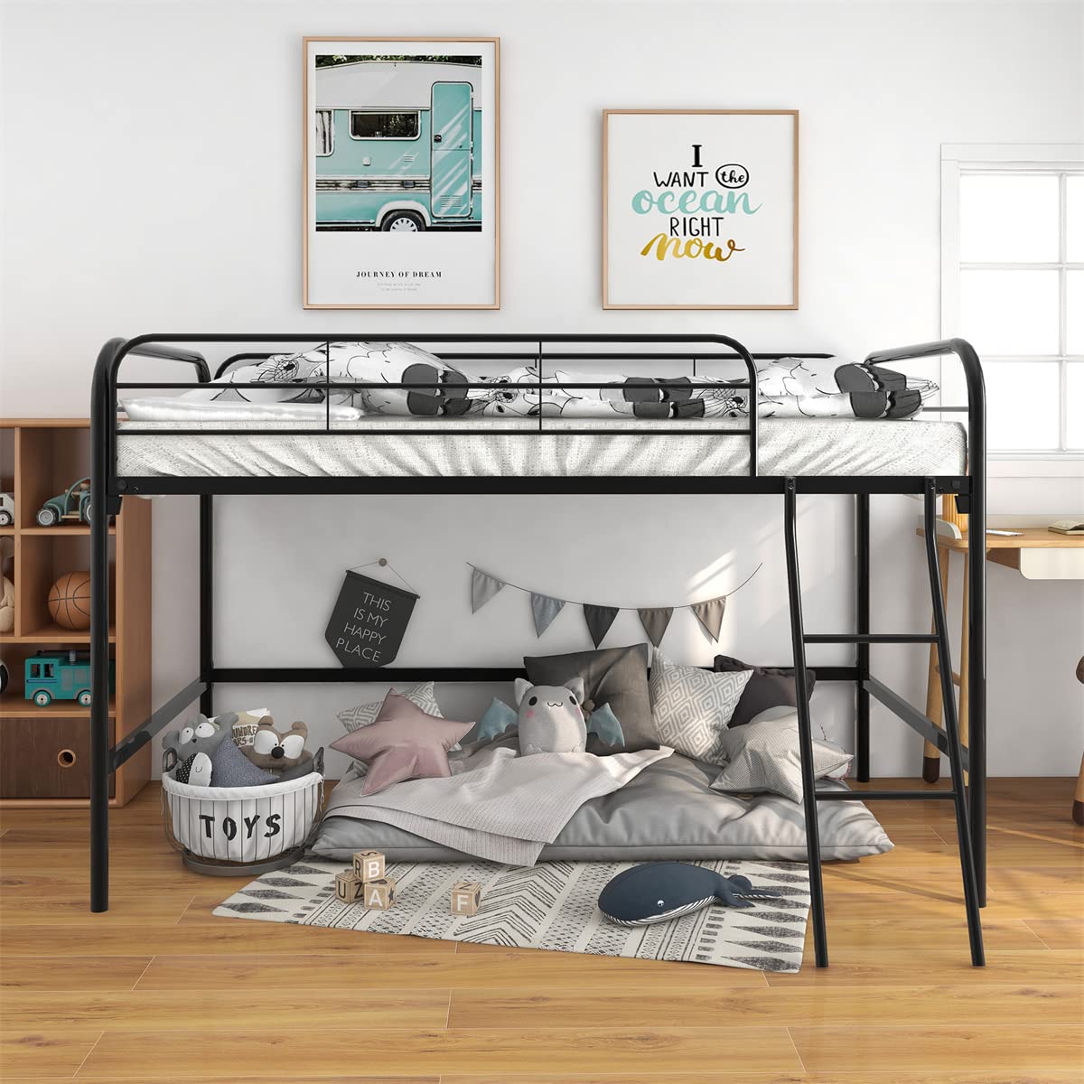 **Triple Tree Twin Size Metal Low Loft Bed with Ladder & Safety Guardrails - Sturdy Frame, No Box Spring Needed, Black - Perfect for Kids' Bedroom, Dorm, or Small Space**