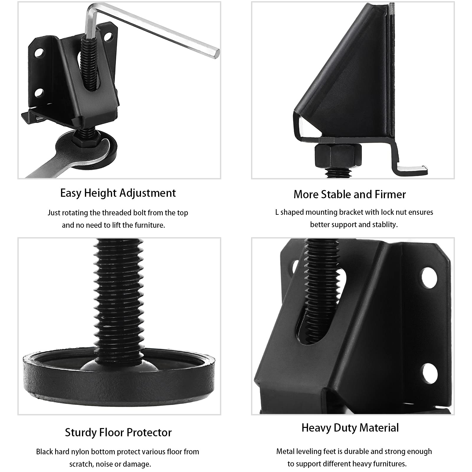 BTSKY 4 Pack Heavy Duty Adjustable Furniture Leveling Feet with Hexagon Nuts - Black Furniture Legs for Chairs, Tables, Cabinets, Workbenches & Shelving Units | Perfect for Uneven Floors & Home Office Setup