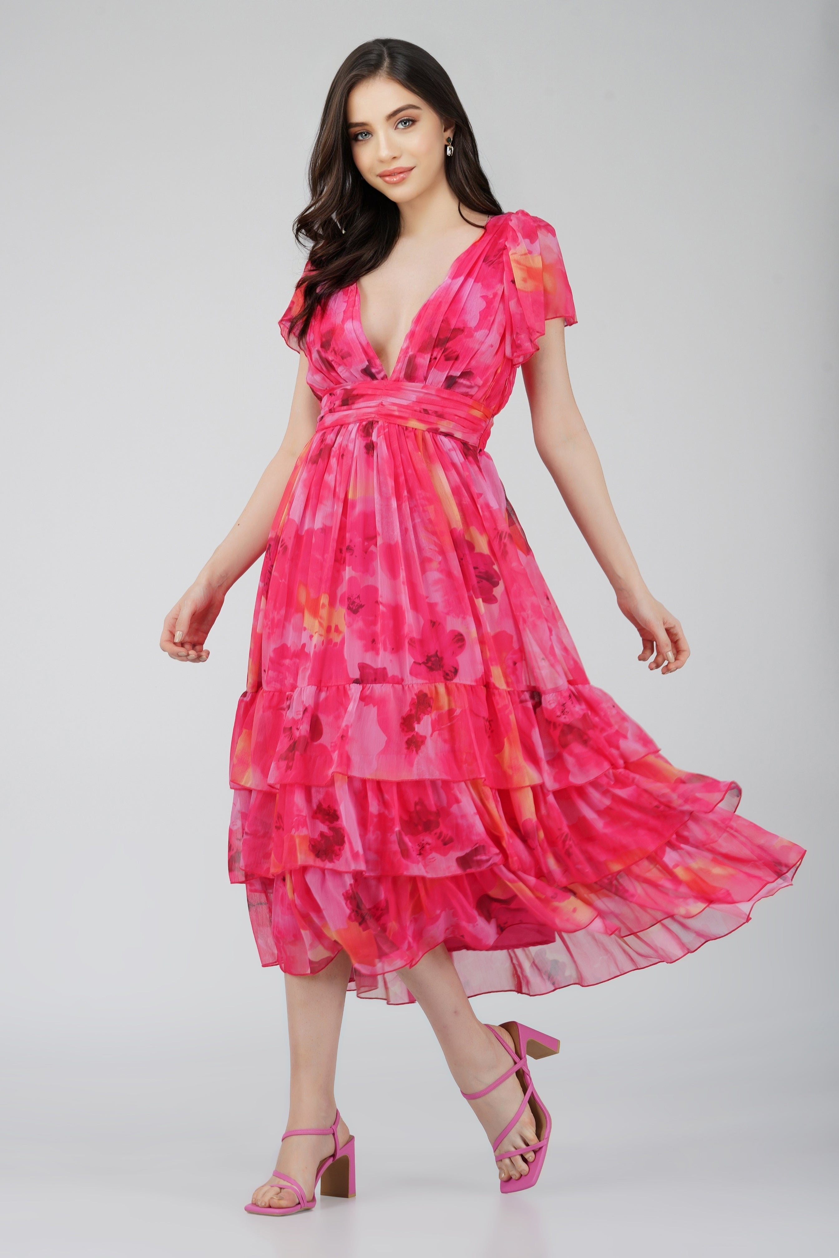 Madison Sunset Pink Chiffon Midi Dress - Elegant Flowy Summer Dress for Women | Perfect for Beach Weddings, Date Nights & Special Occasions