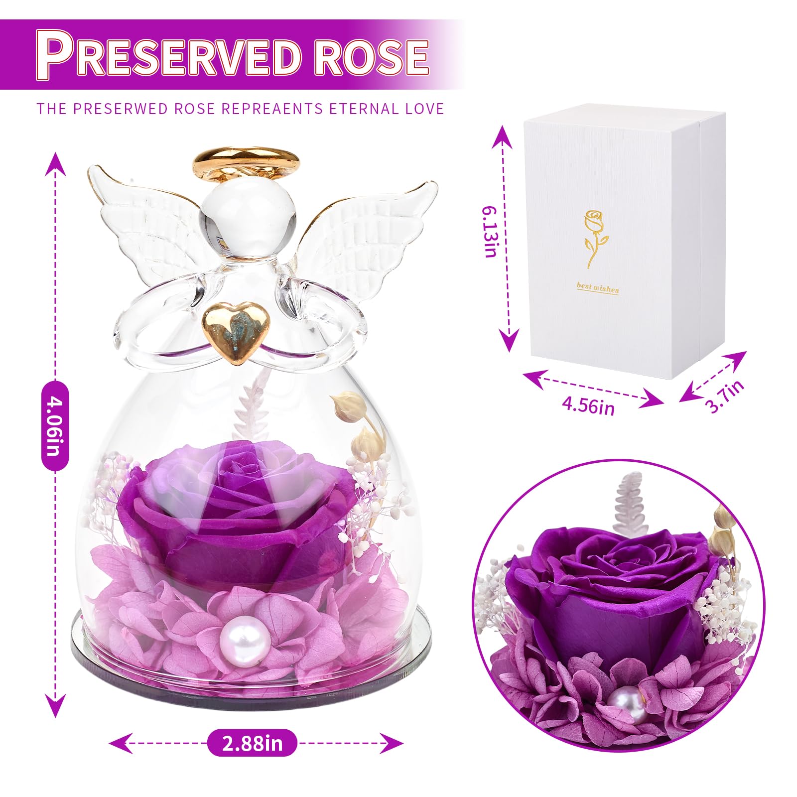 Real Preserved Rose in Glass Angel Figurine - Unique Birthday Gift for Mom, Grandma & Women | Thoughtful Present from Daughter & Son | Home Decor, Anniversary Keepsake, Valentine's Day Gift Idea
