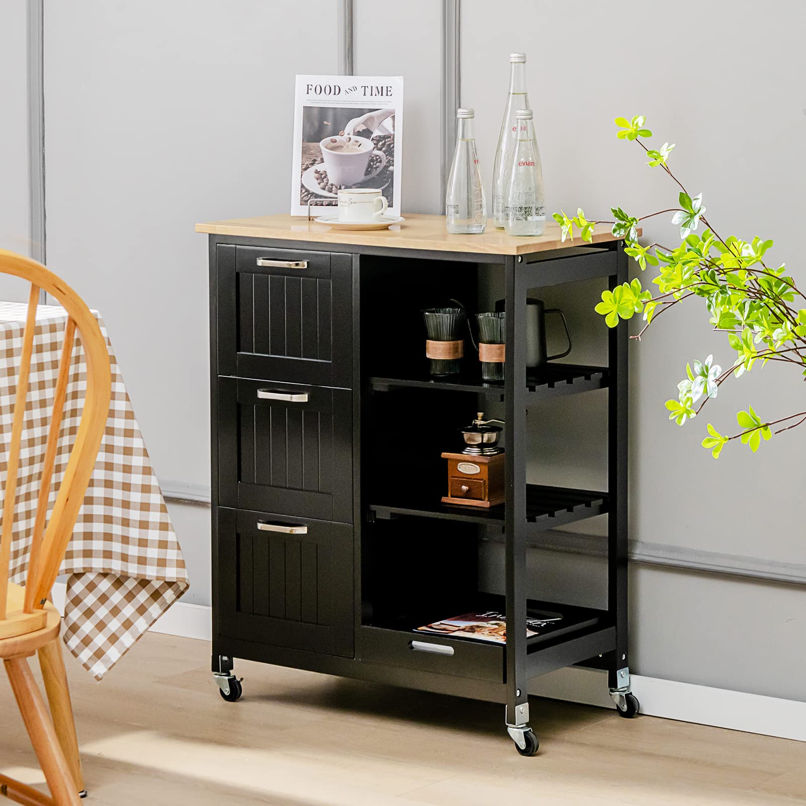 PETSITE Kitchen Island Cart with Storage & Wheels - Rolling Small Island Table with Drawers & Shelves for Home Kitchen, Dining Room or Small Apartment - Black Mobile Kitchen Organizer for Cooking, Baking & Food Prep