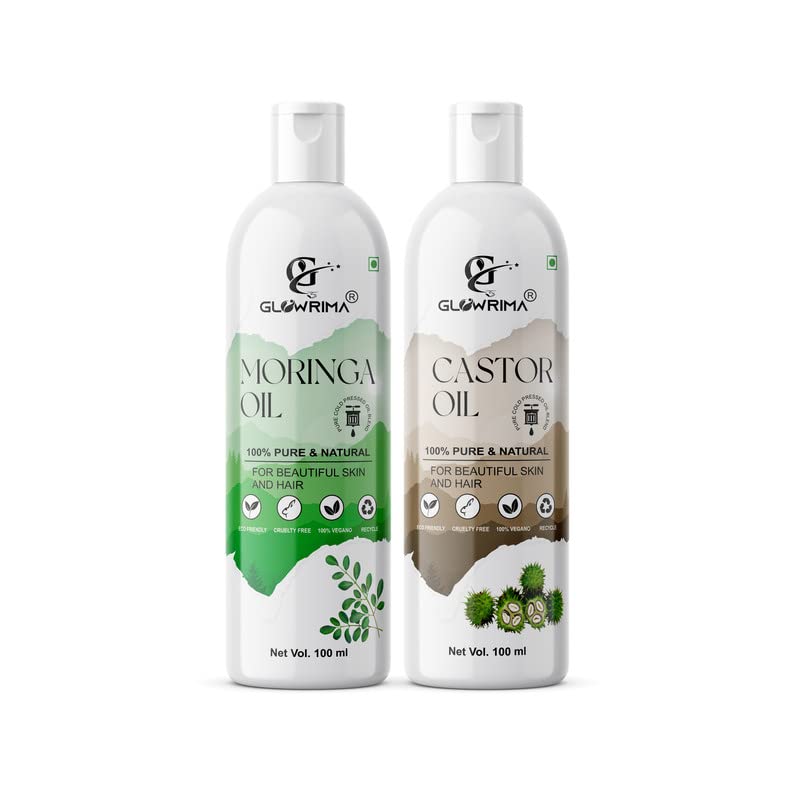 Glowrima 100% Pure Moringa Oil & Castor Oil Combo (100ML Each) for Hair Growth, Anti Hair Fall, Split Ends Repair - Promotes Soft, Shiny Hair - Perfect for Daily Hair Care & Scalp Treatment (Pack of 2)